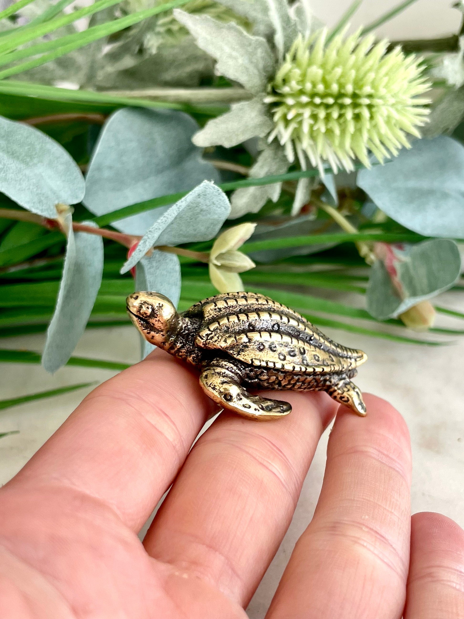 Fine lifelike turtle, Solid brass Leatherback sea turtle figurine, Sea-inspired Talisman, Small Gift, Ocean Lover's Delight