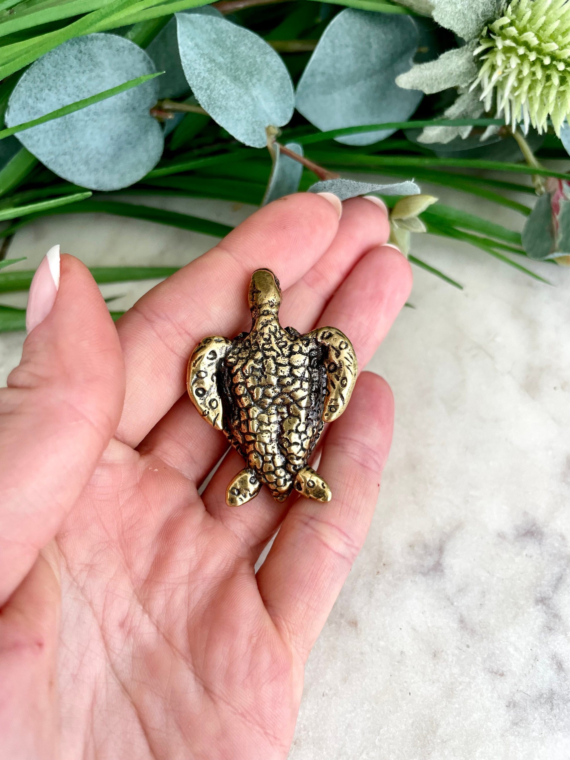 Fine lifelike turtle, Solid brass Leatherback sea turtle figurine, Sea-inspired Talisman, Small Gift, Ocean Lover's Delight