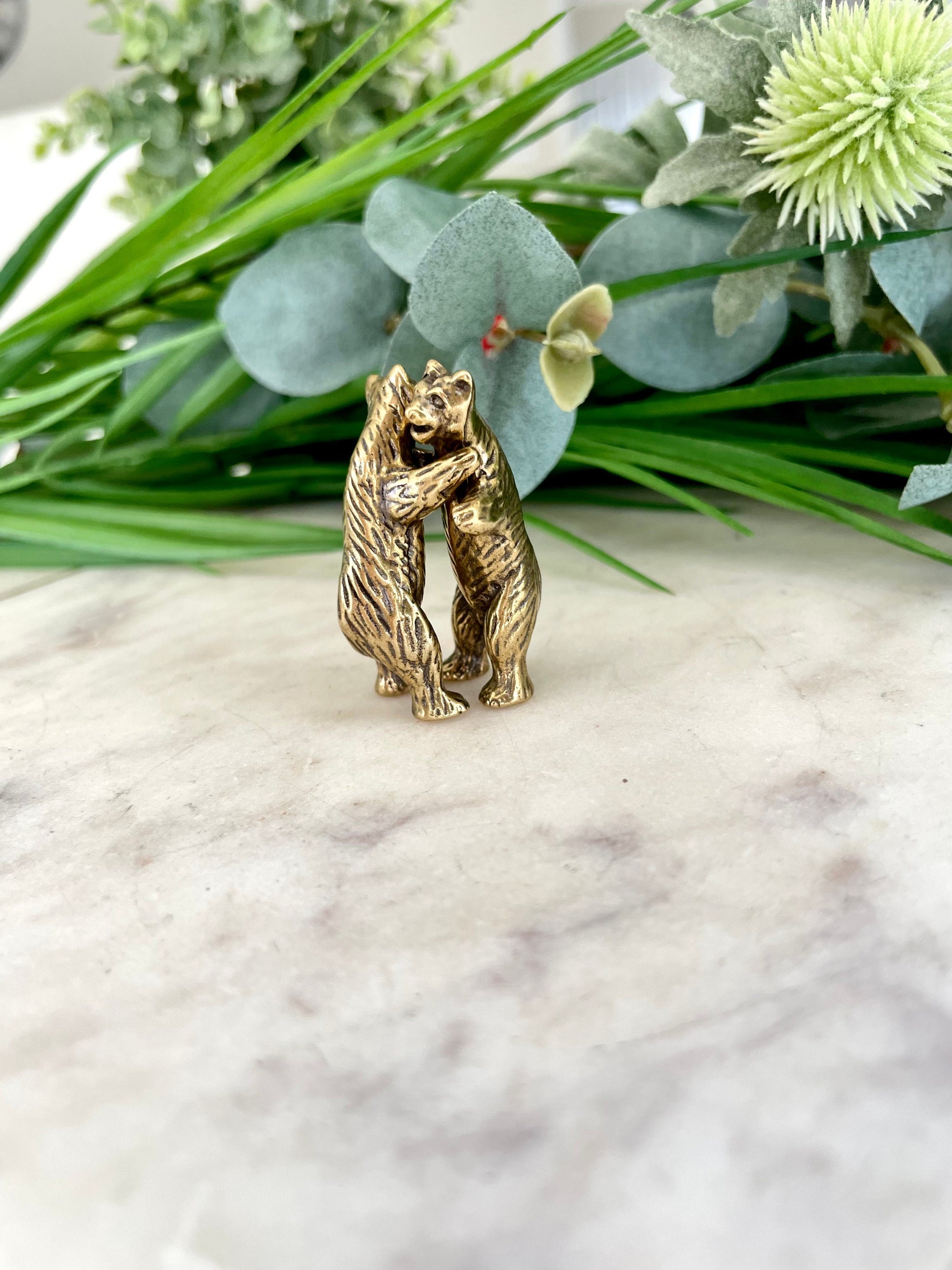 Happy Bear pocket friend, Solid brass Bear Statuettes, Funny Cuddly bears figurine, Best friends creative gift, Bears family miniat