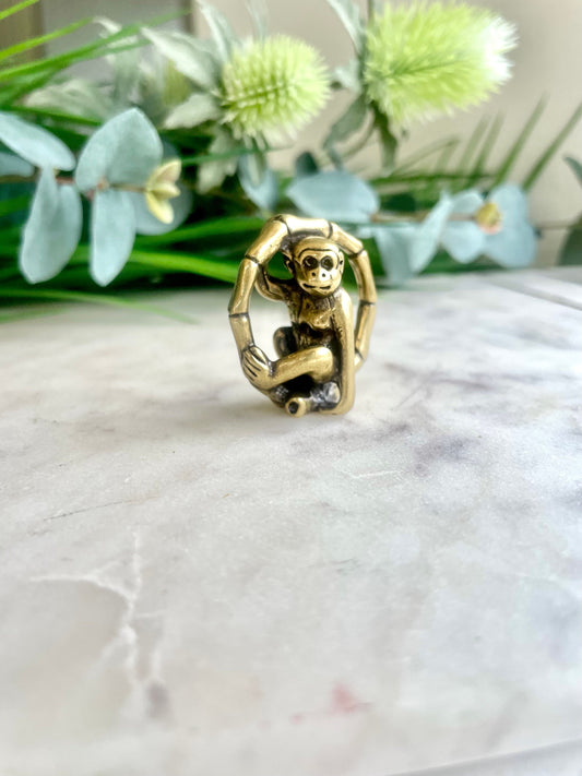 Solid Brass funny monkey on bamboo figurine , Metal Macaque figurine, Cute Gibbon Monkey sitting on bamboo miniature