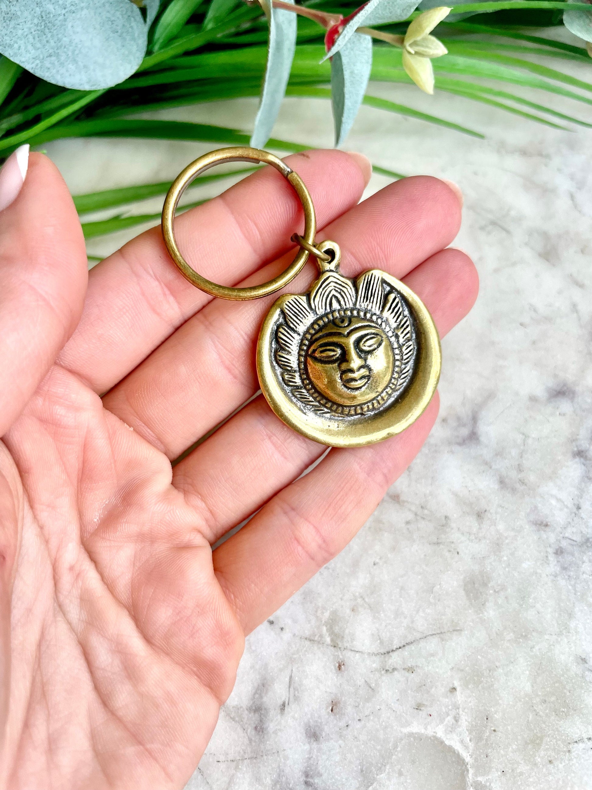 Solid brass Lotus Buddha Keychain, Sun Keyring, sun pendant, summer jewelery, nautical, brass keychain, sun lover gift