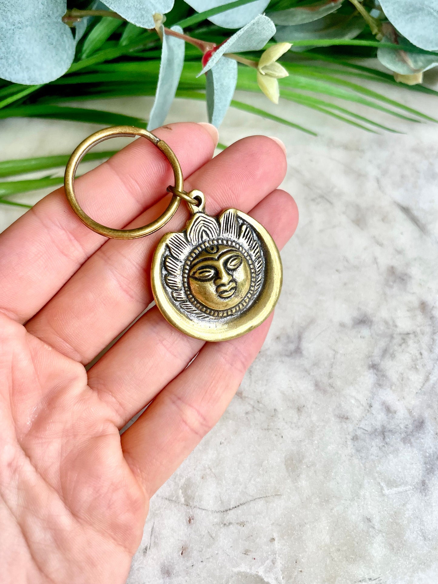 Solid brass Lotus Buddha Keychain, Sun Keyring, sun pendant, summer jewelery, nautical, brass keychain, sun lover gift