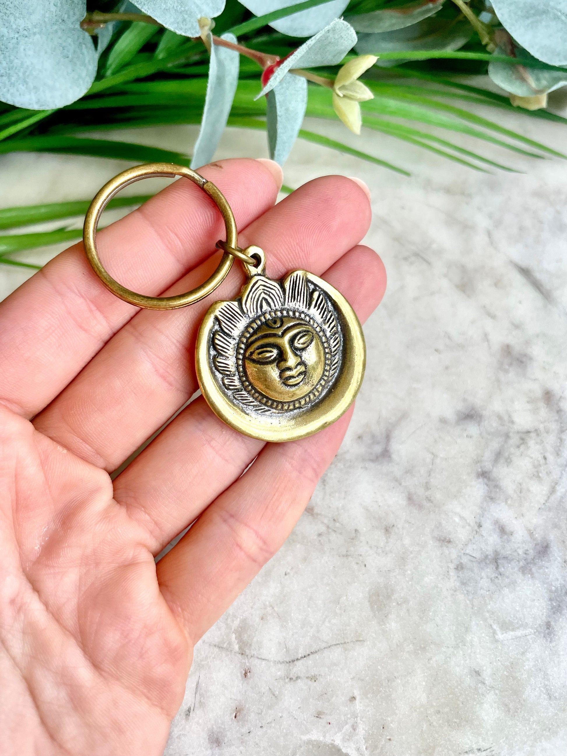 Solid brass Lotus Buddha Keychain, Sun Keyring, sun pendant, summer jewelery, nautical, brass keychain, sun lover gift