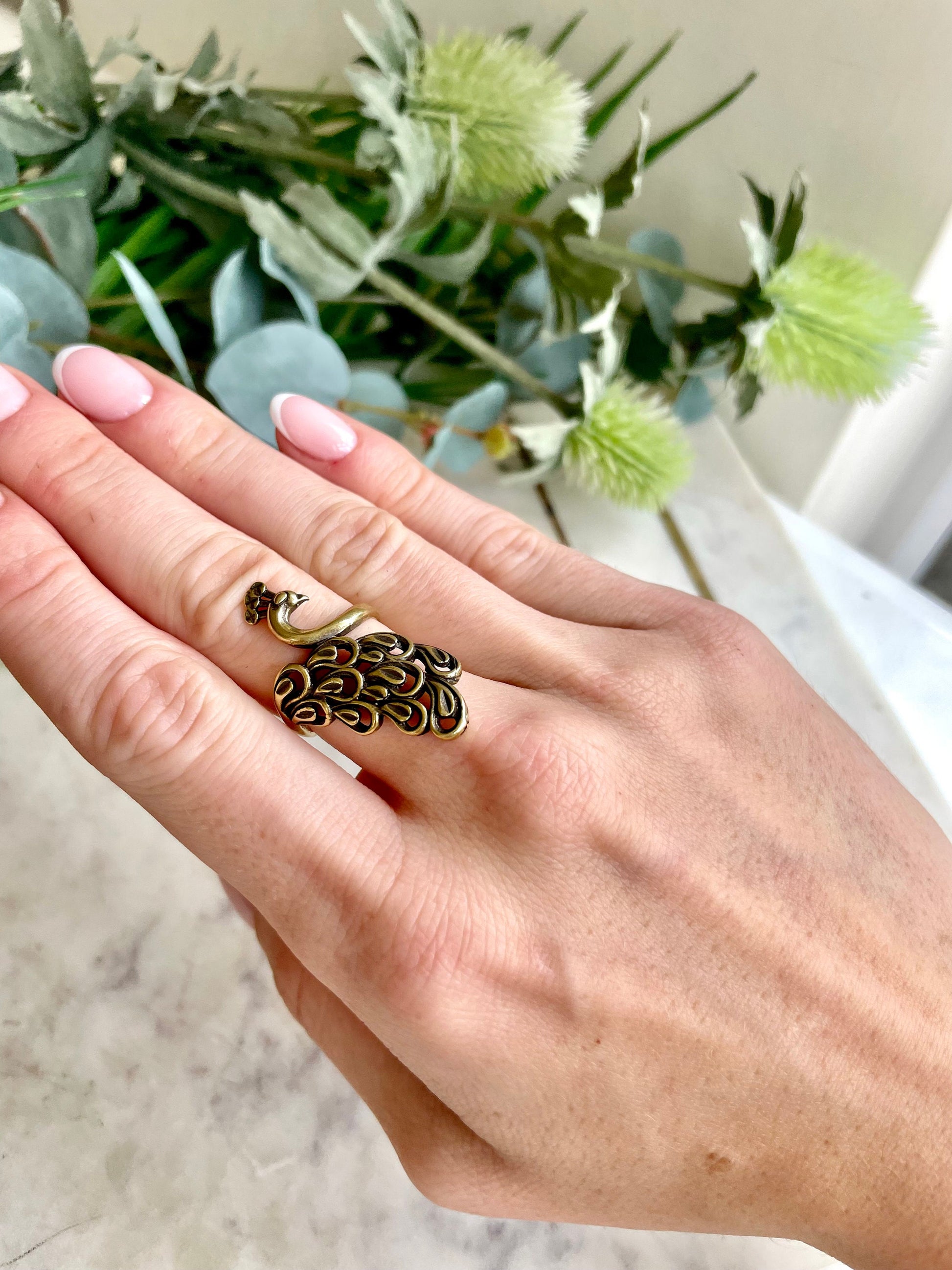 Solid Brass Bird of paradise adjustable Ring, Peacock ring, peacock’s tail jewellery