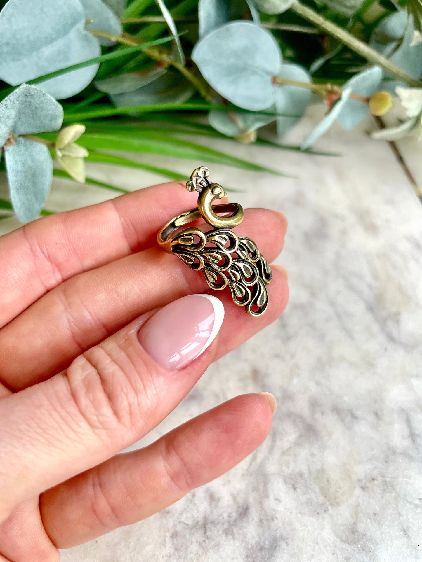 Solid Brass Bird of paradise adjustable Ring, Peacock ring, peacock’s tail jewellery
