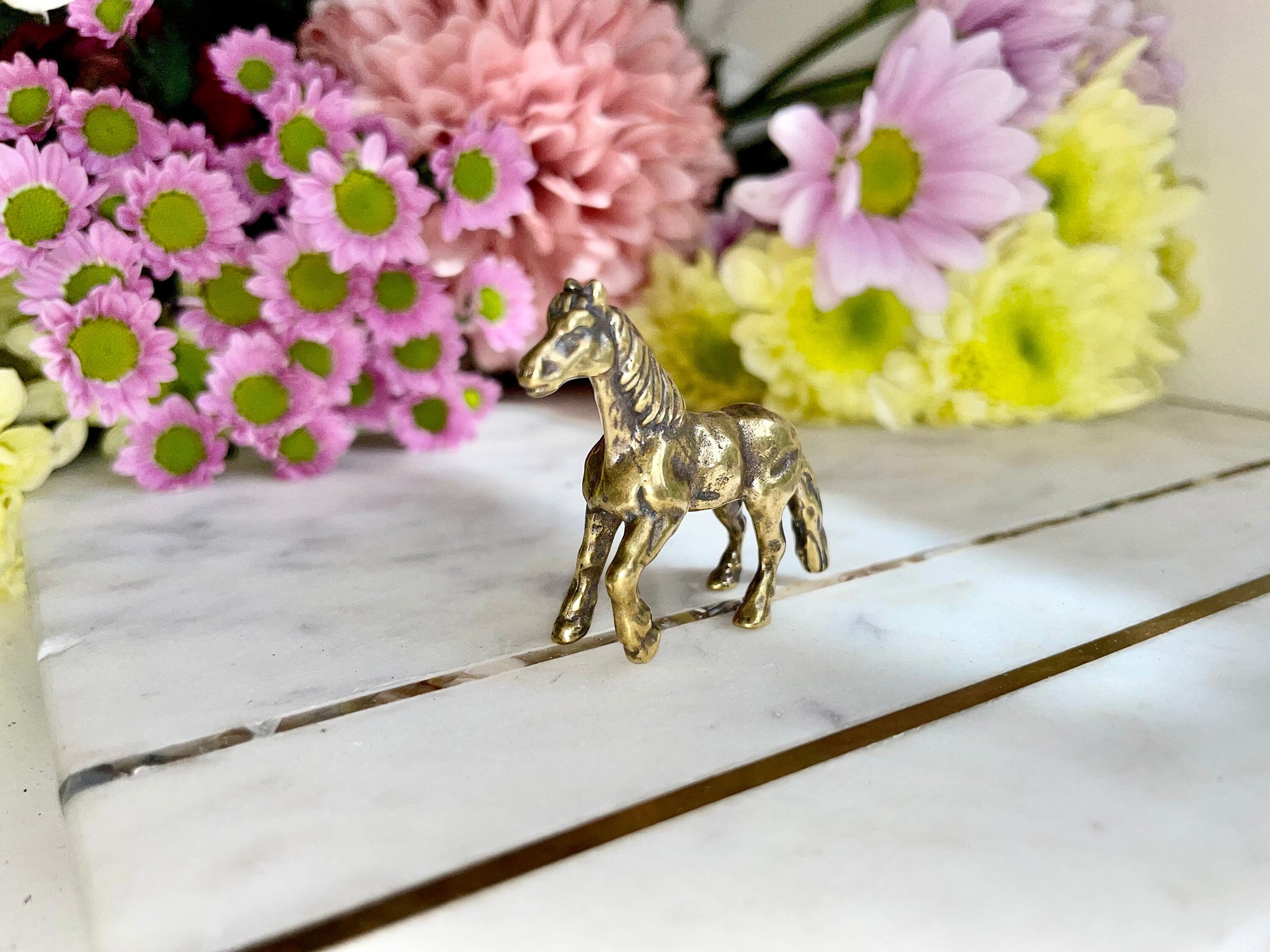 Fine lifelike solid brass horse figurine, Cute pony, Beautiful horse ornament, mustang statuette, cute little pony, brass pony