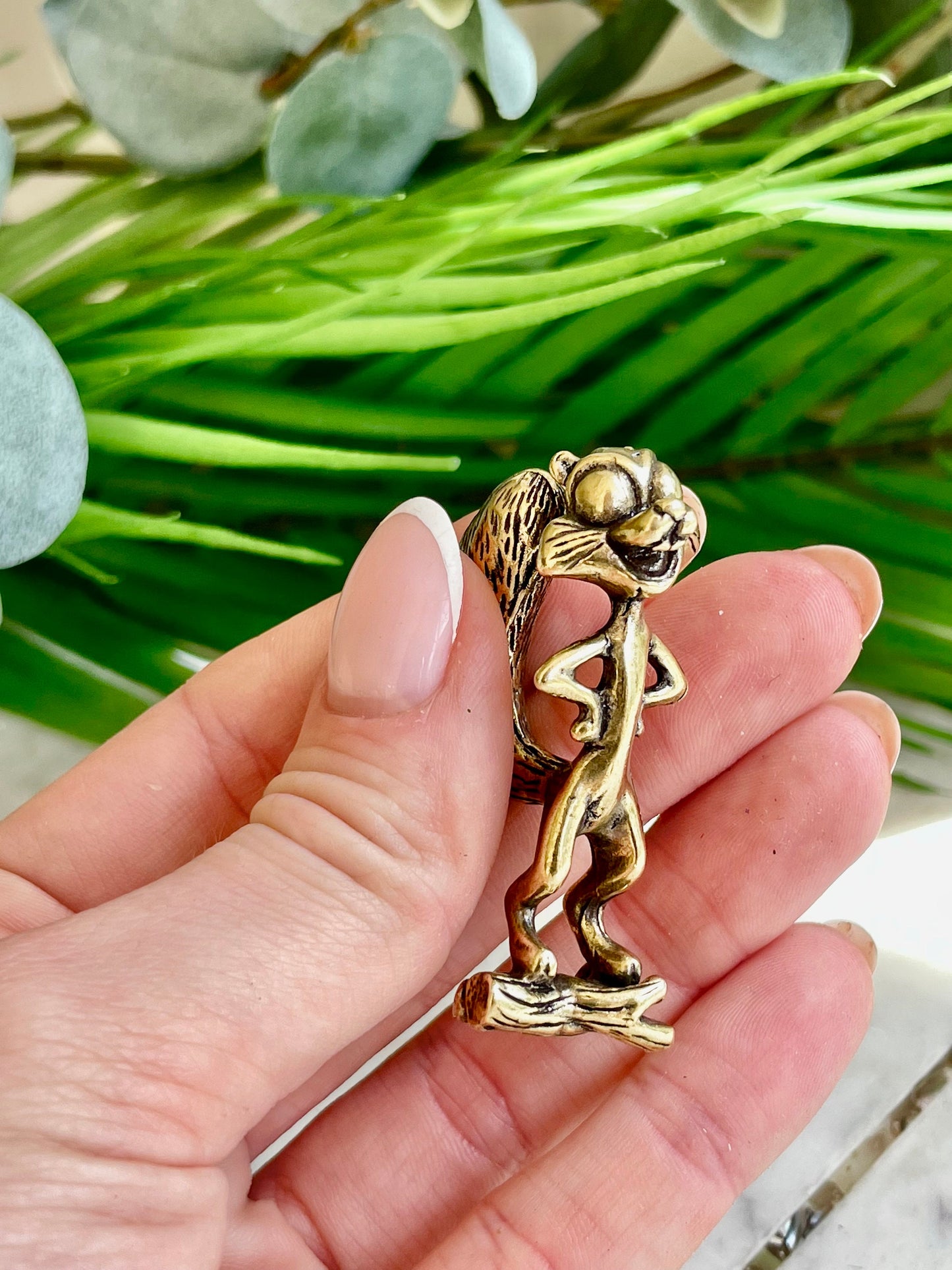 Funny little squirrel metal figurine, Funny squirrel solid brass ornament, cute chipmunk desktop decor