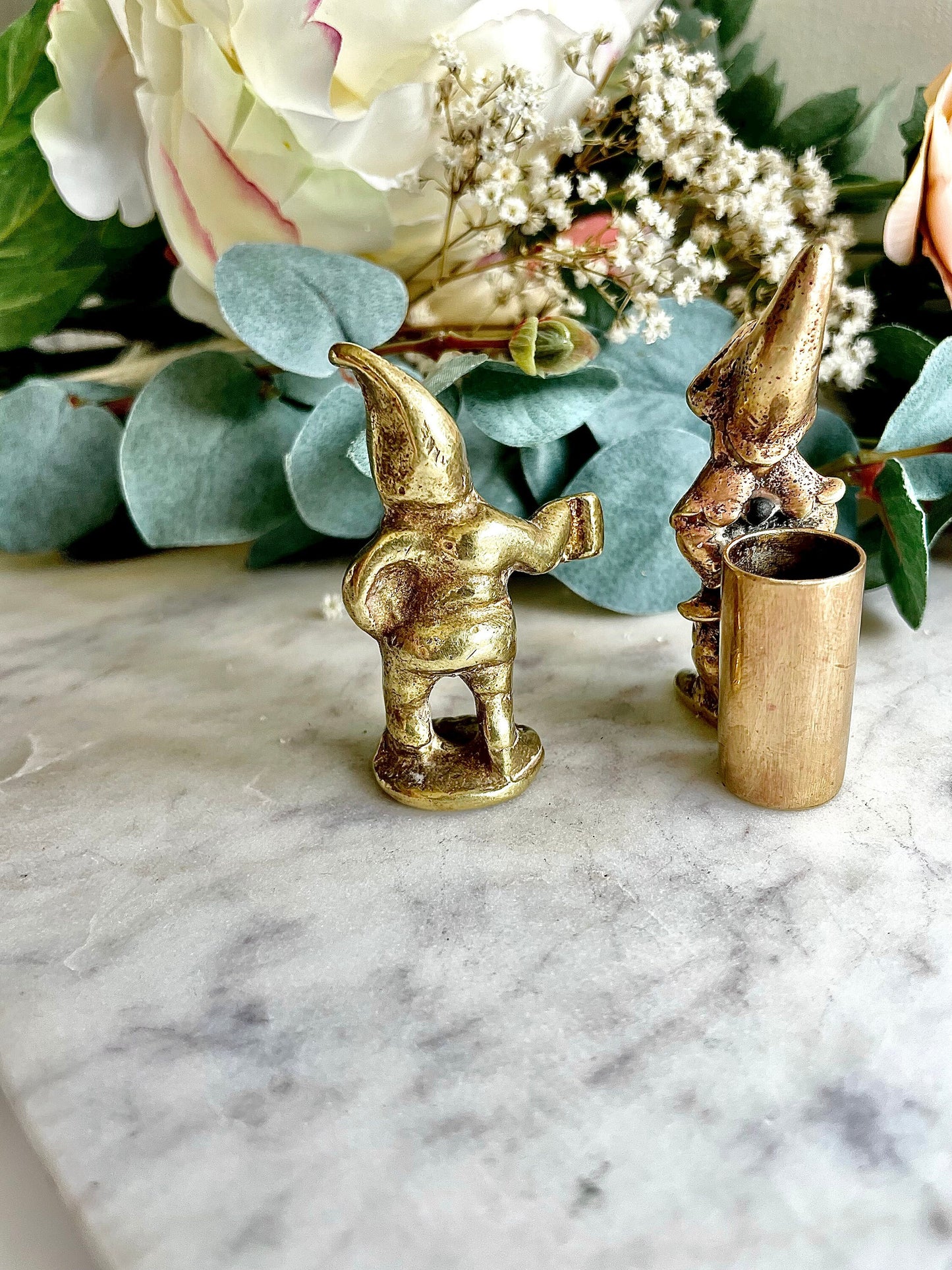 Gnome miniature, Vintage solid brass Dwarf holding tankard and bottle, gnome with a tankard, tankard miniature, little boozers gift