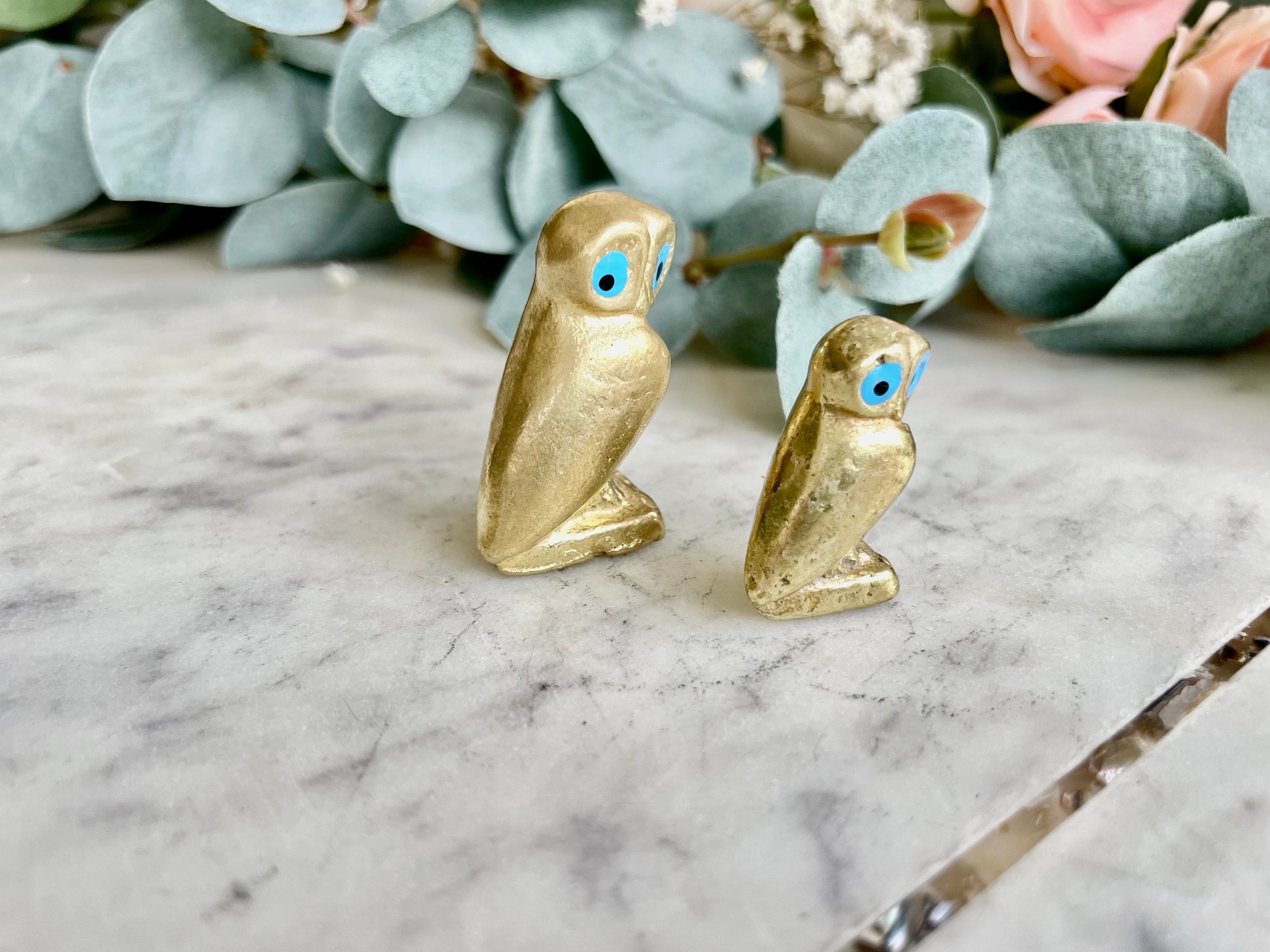 Couple of Vintage Brass Owls figurines, Wise Owl Desk Decor, Owl Family Figurine Statue