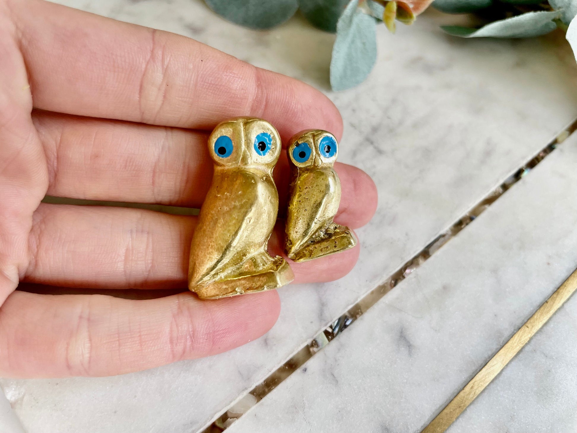 Couple of Vintage Brass Owls figurines, Wise Owl Desk Decor, Owl Family Figurine Statue