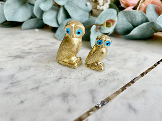 Couple of Vintage Brass Owls figurines, Wise Owl Desk Decor, Owl Family Figurine Statue