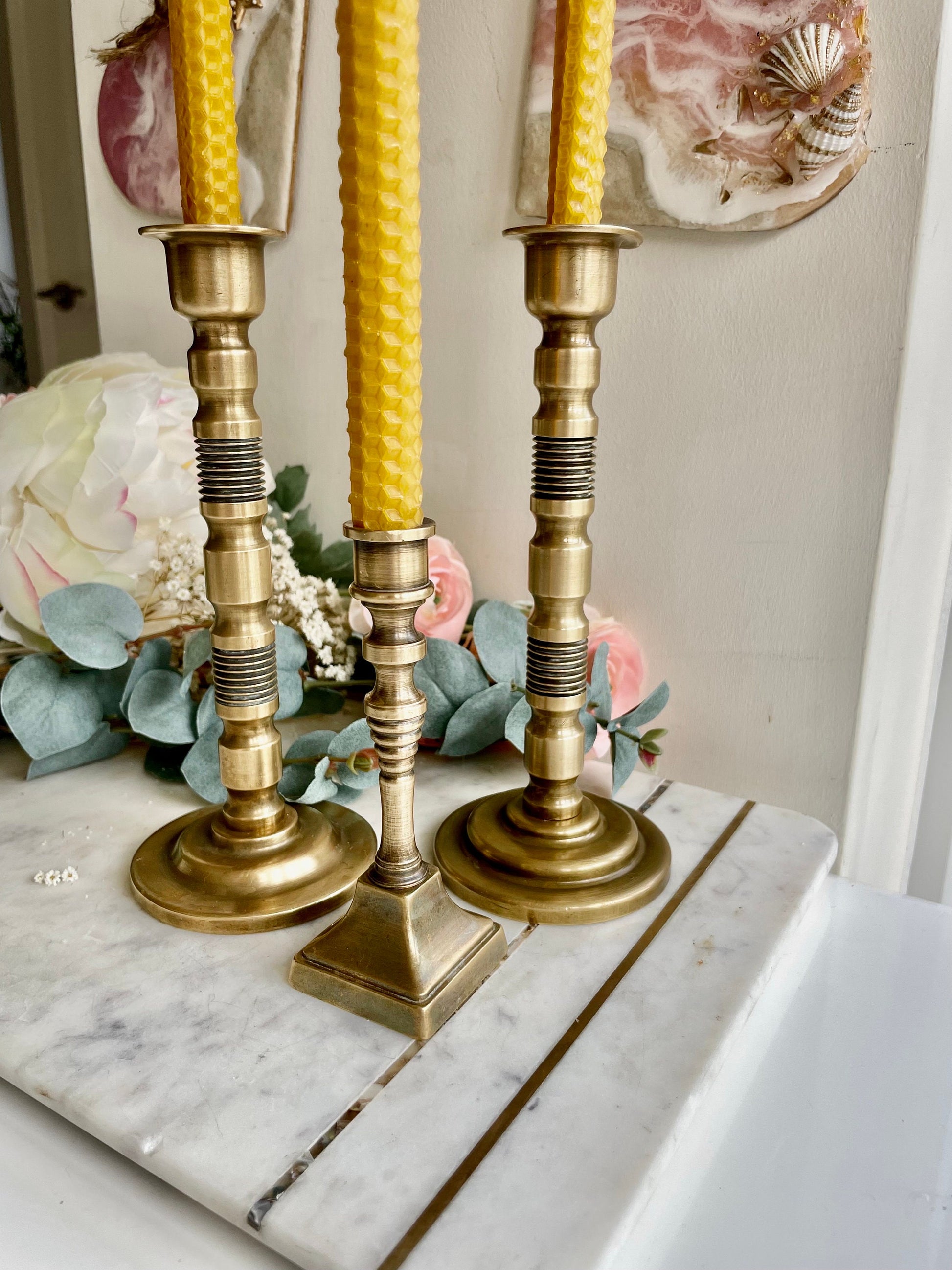 Set of three Vintage Solid brass candle holders Made in England, Antique brass candleholder