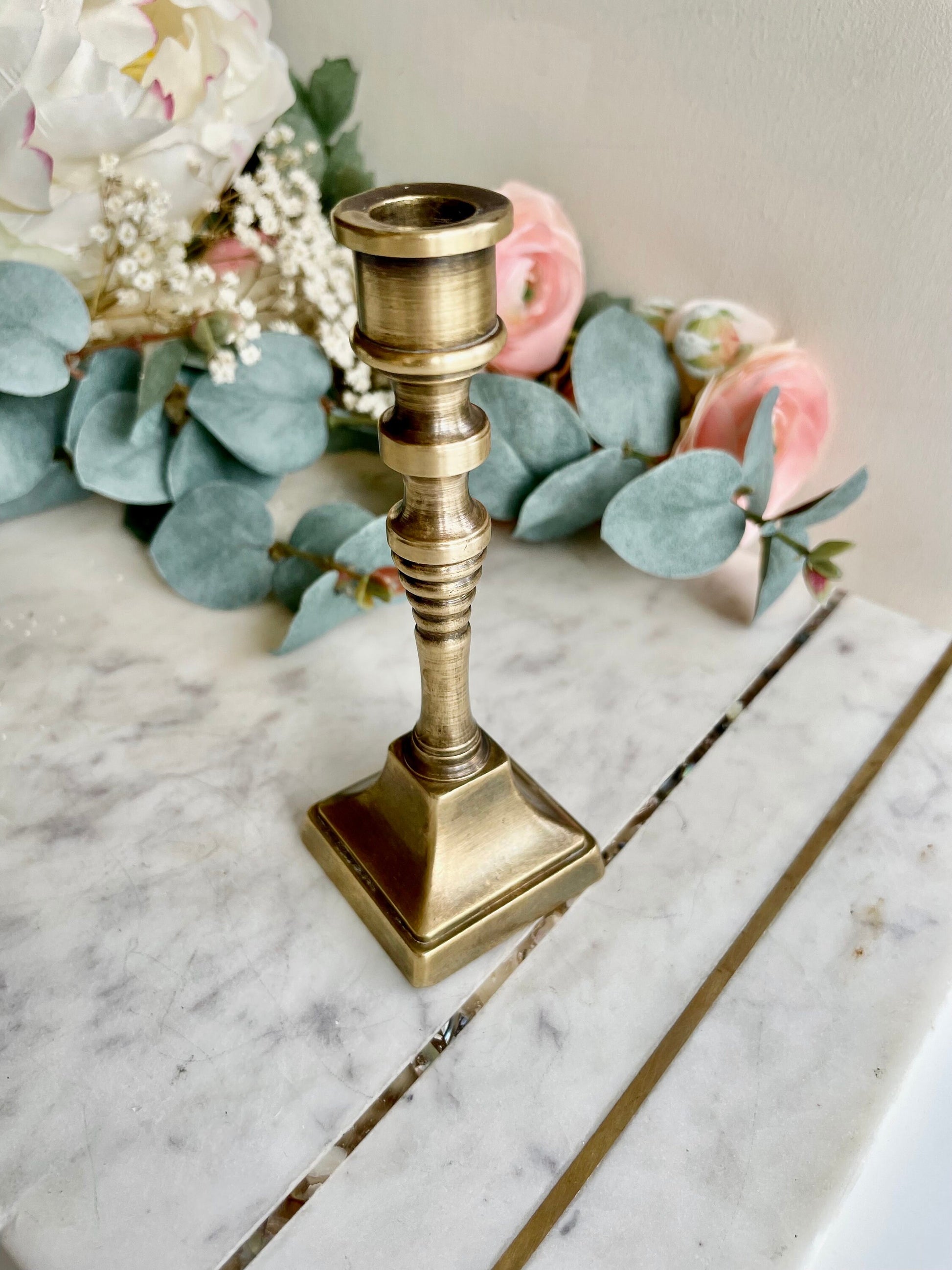 Set of three Vintage Solid brass candle holders Made in England, Antique brass candleholder