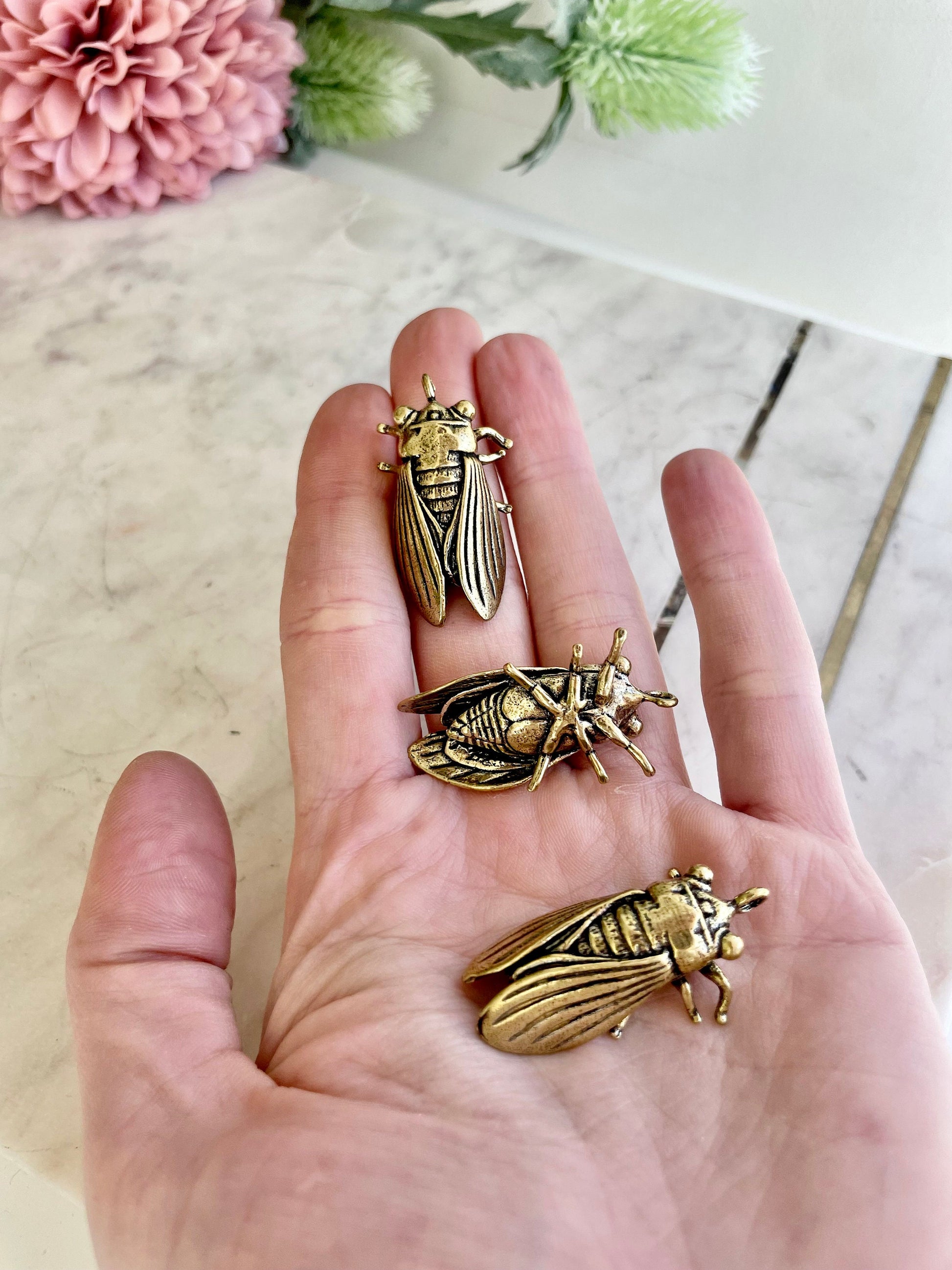 Cicada Pendant Charms, Fly Brass Necklace, realistic insects keyring