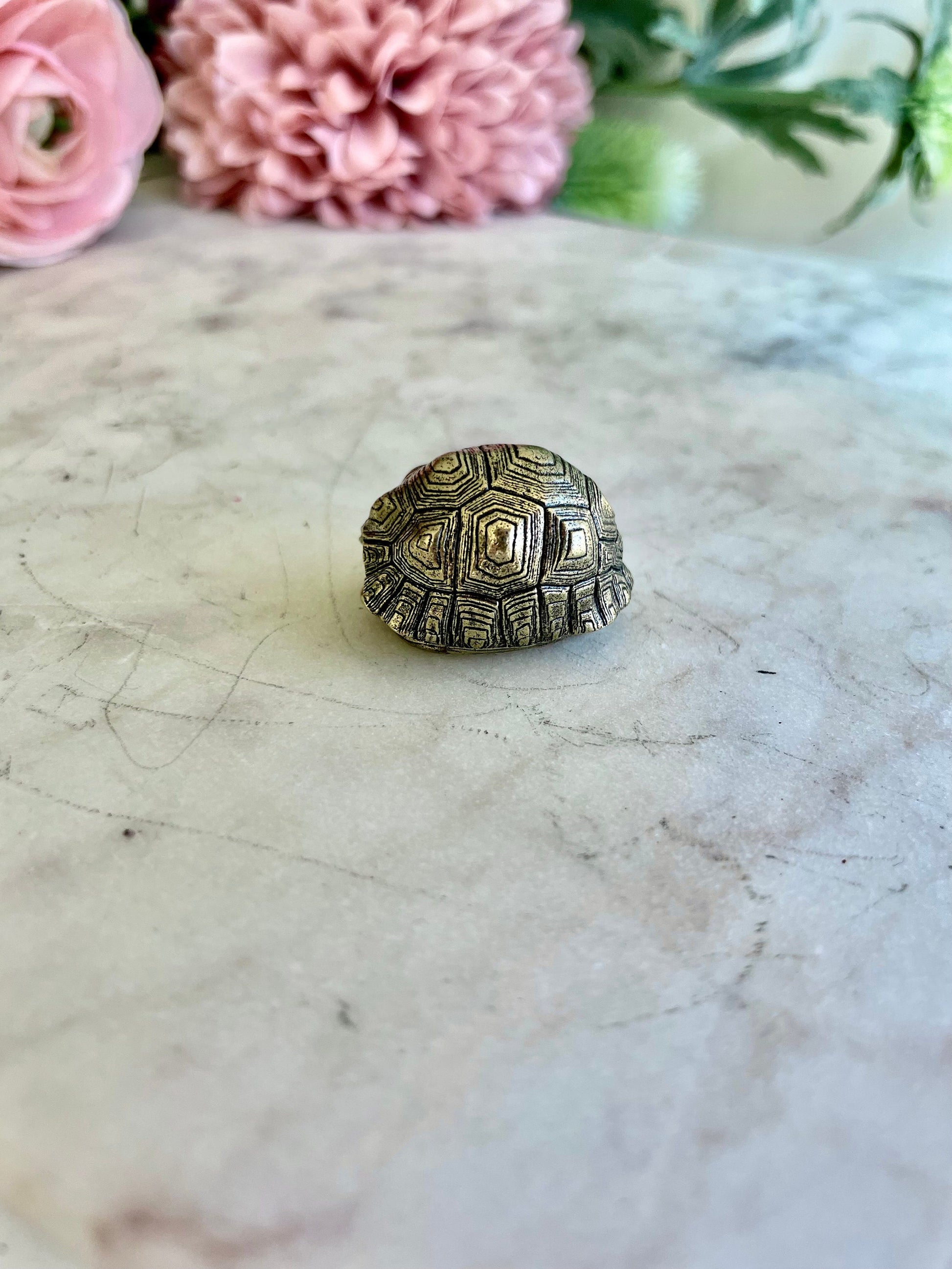 Brass tortoise shell keyring with a bell, solid brass turtle pendant, reptile figurine
