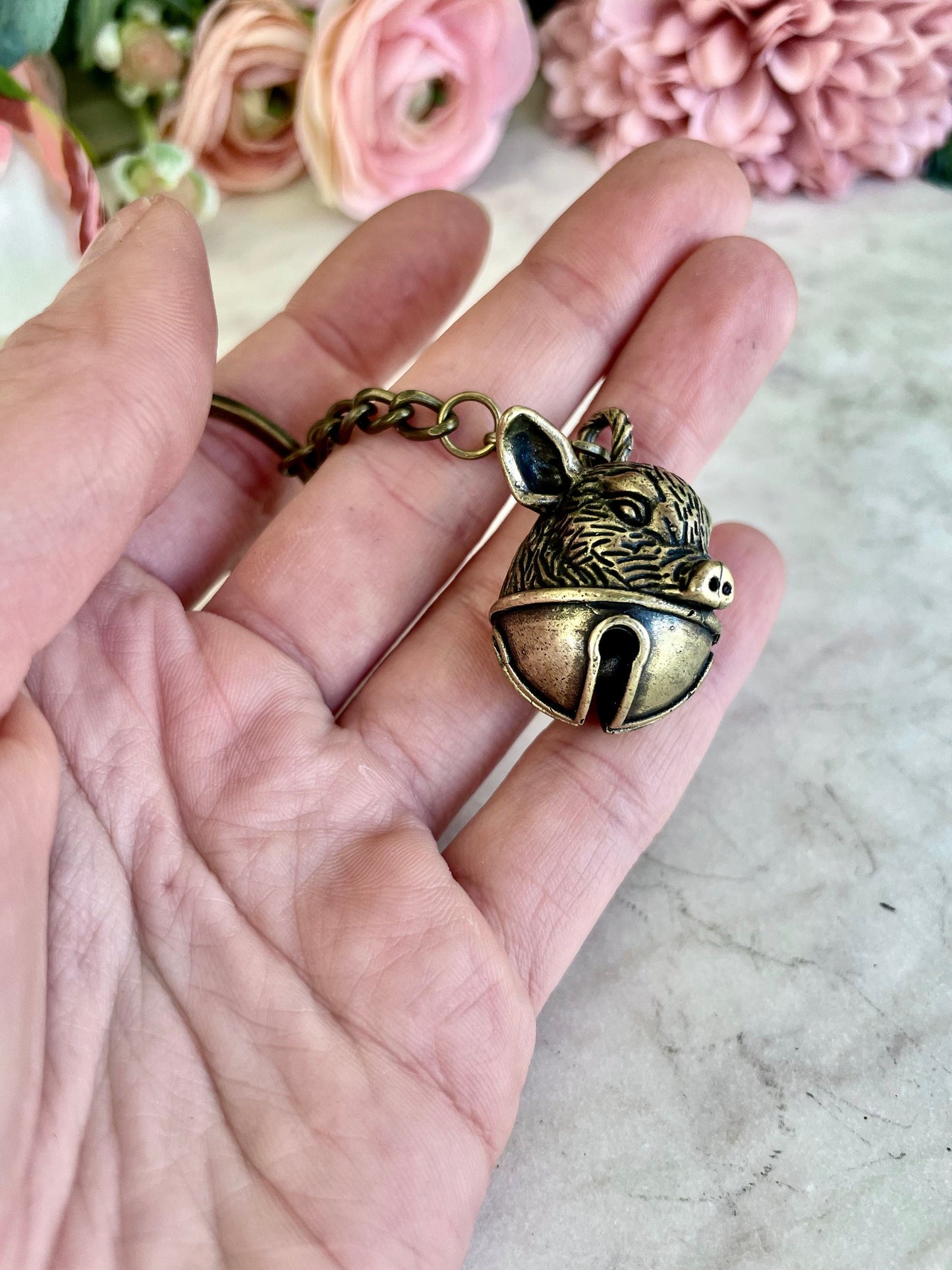 Brass Pig Bell Pendant, Pig Head Ornament, traditional style Brass Pig Collectible