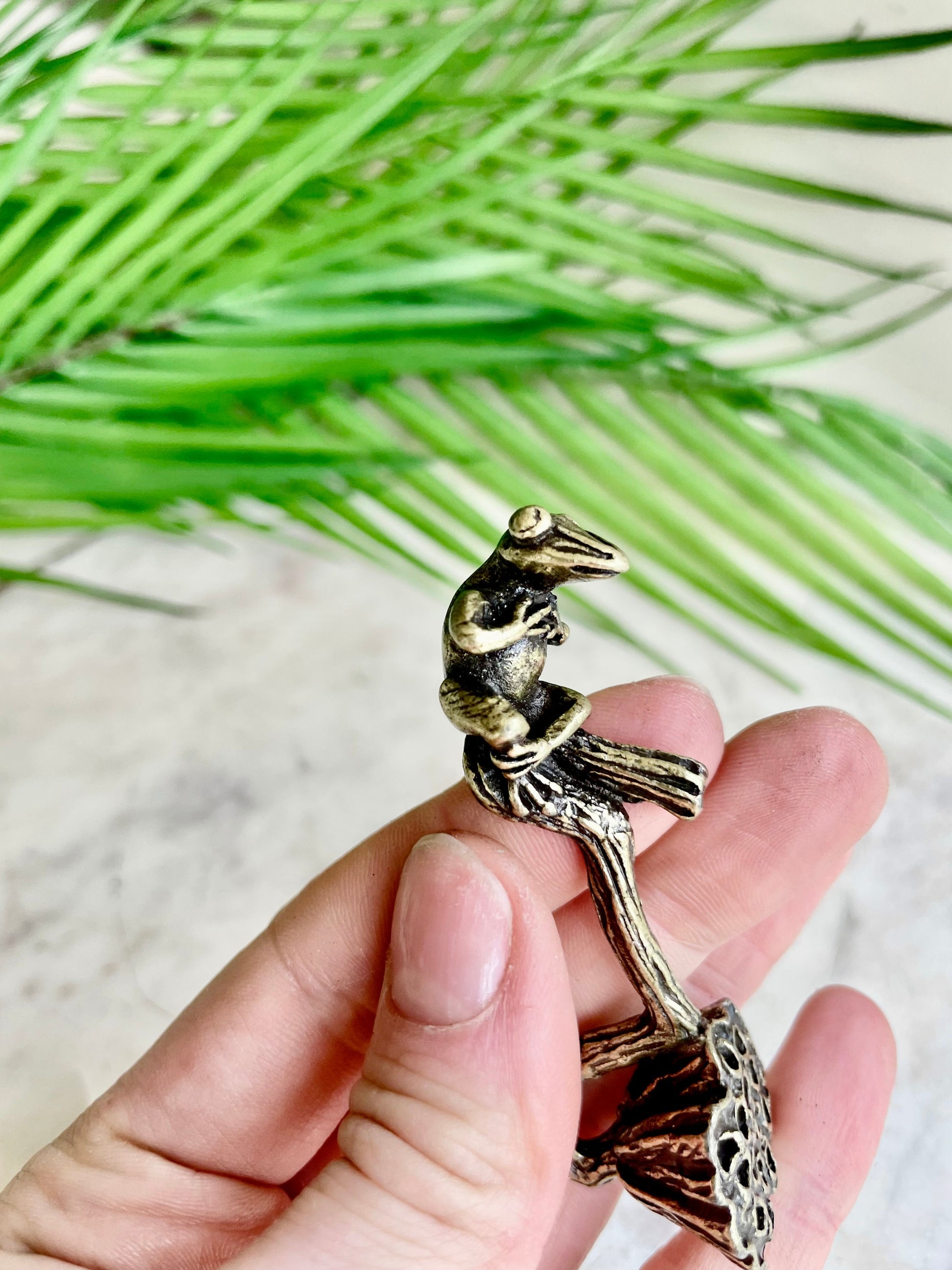 Sold brass Frog resting on Lotus Figurines, Frog Miniatures, Frog pen rest Incense Holder Burner