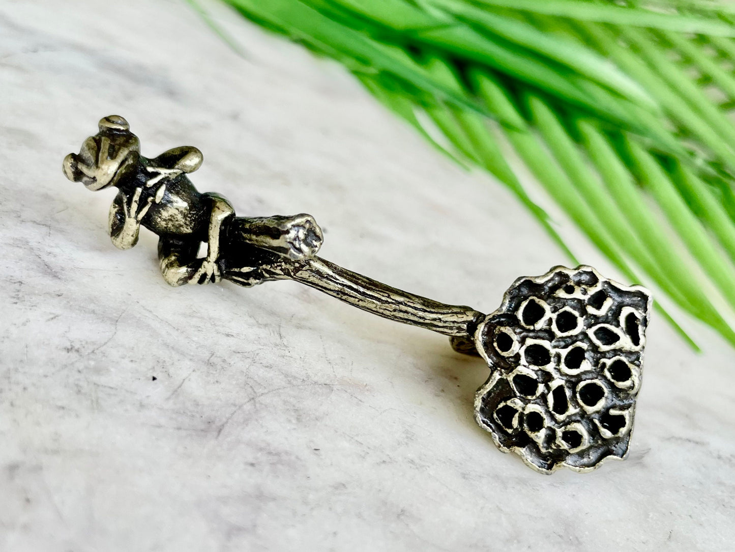 Sold brass Frog resting on Lotus Figurines, Frog Miniatures, Frog pen rest Incense Holder Burner