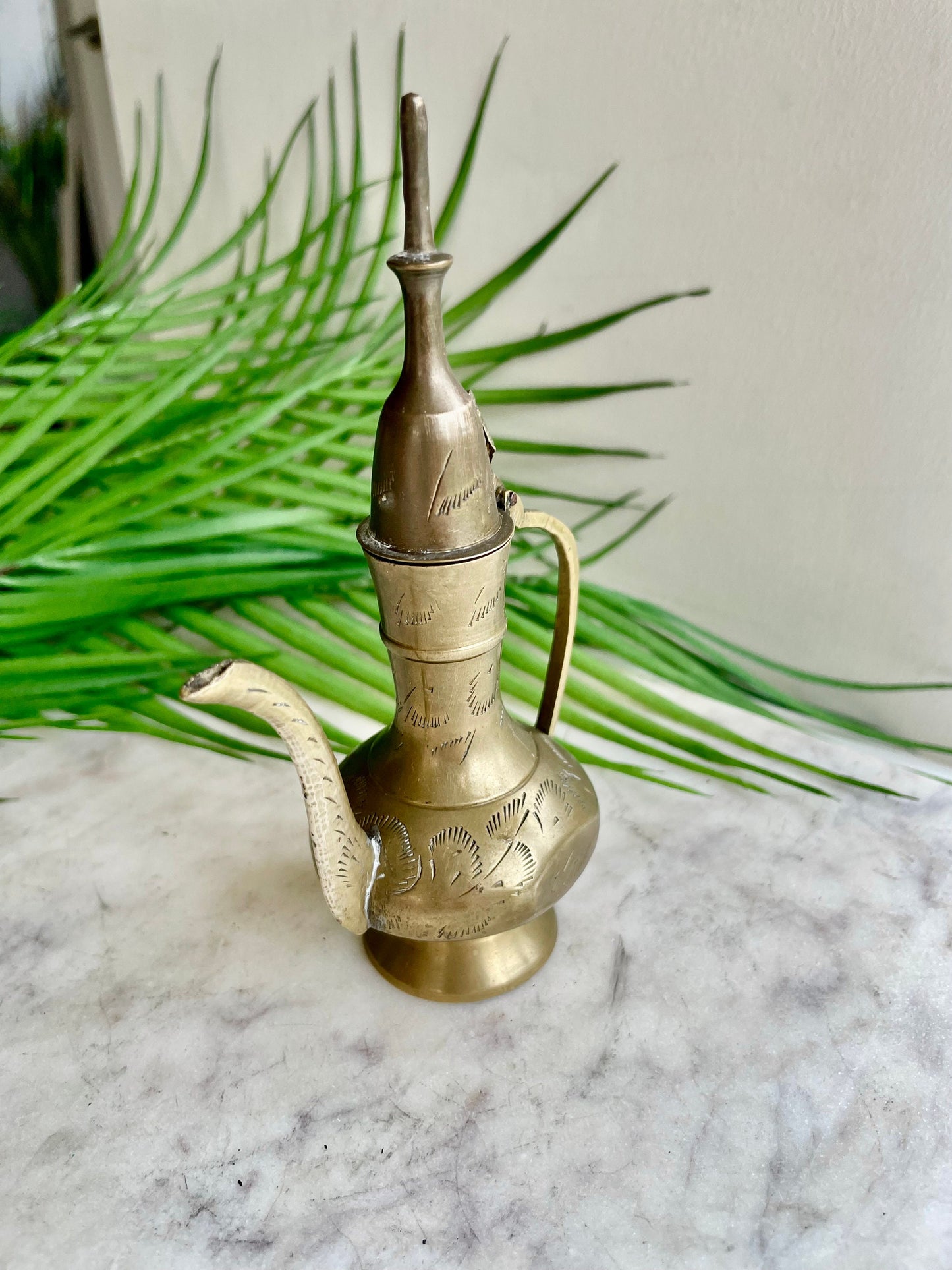 Retro Etch Pitcher, Middle of century Vintage small brass aftaba ewer or pitcher with etching