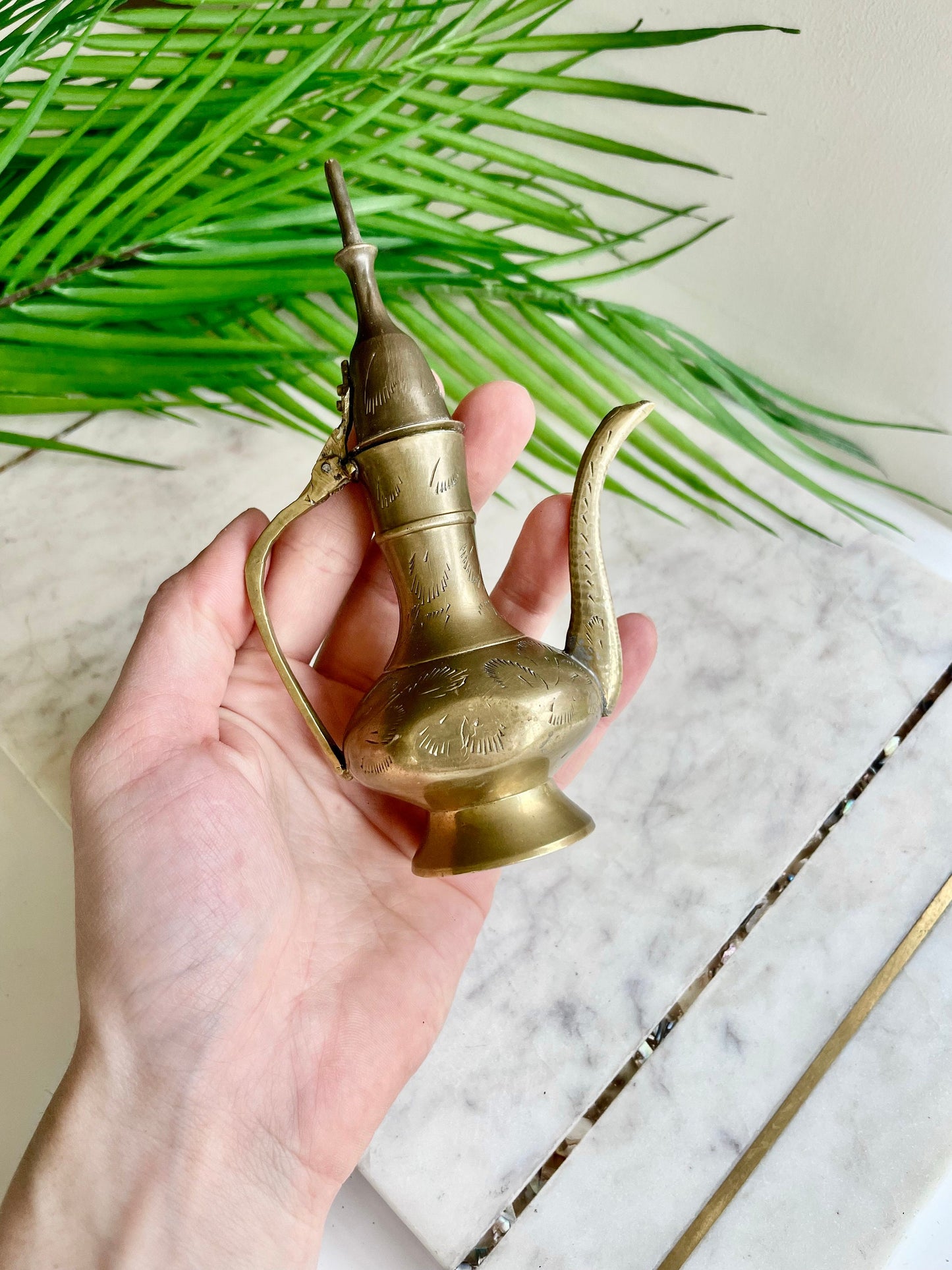 Retro Etch Pitcher, Middle of century Vintage small brass aftaba ewer or pitcher with etching