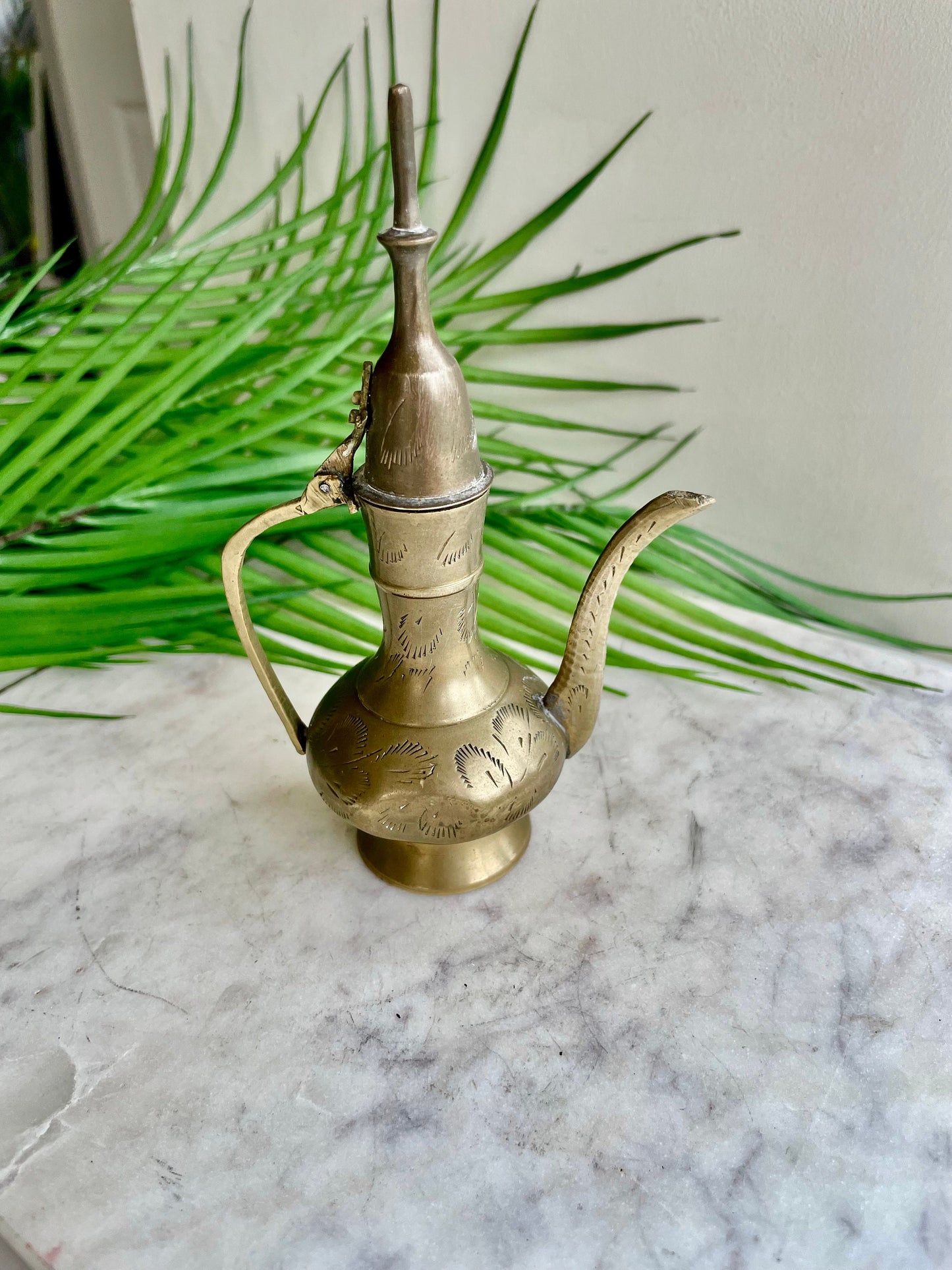 Retro Etch Pitcher, Middle of century Vintage small brass aftaba ewer or pitcher with etching