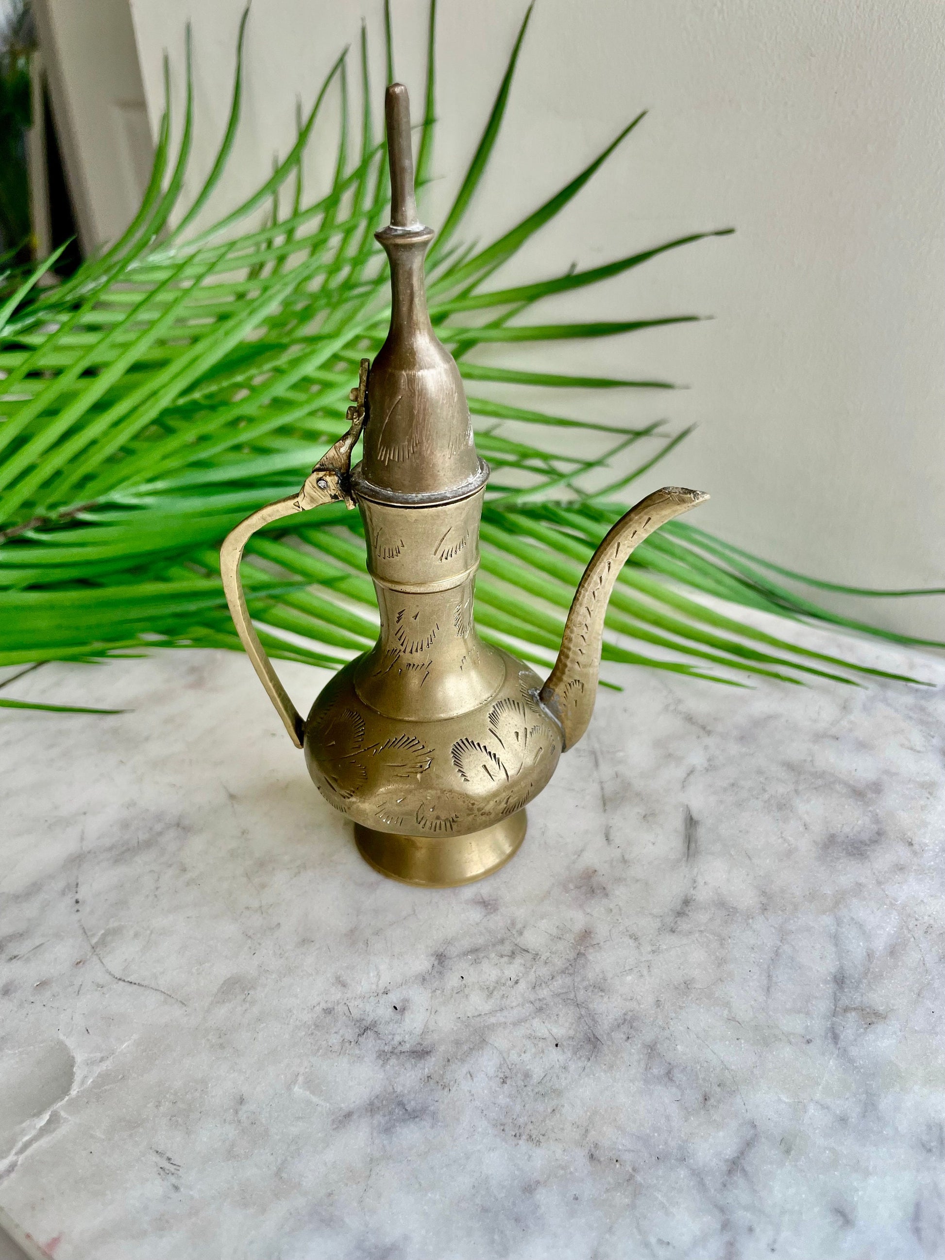Retro Etch Pitcher, Middle of century Vintage small brass aftaba ewer or pitcher with etching