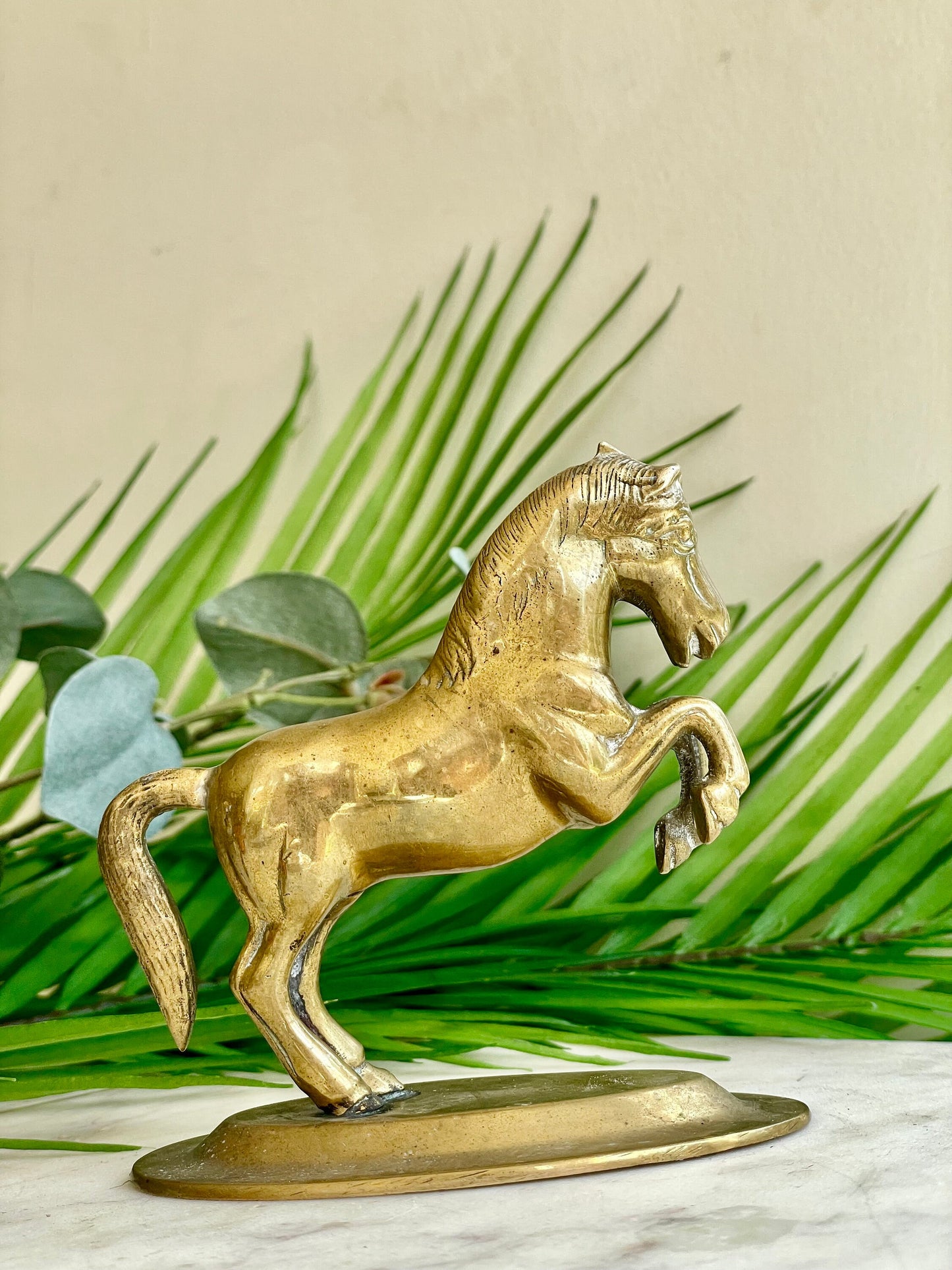 Vintage Solid brass horse statue, Cast metal, Midcentury Equestrian ornament, Golden Stallion Statue