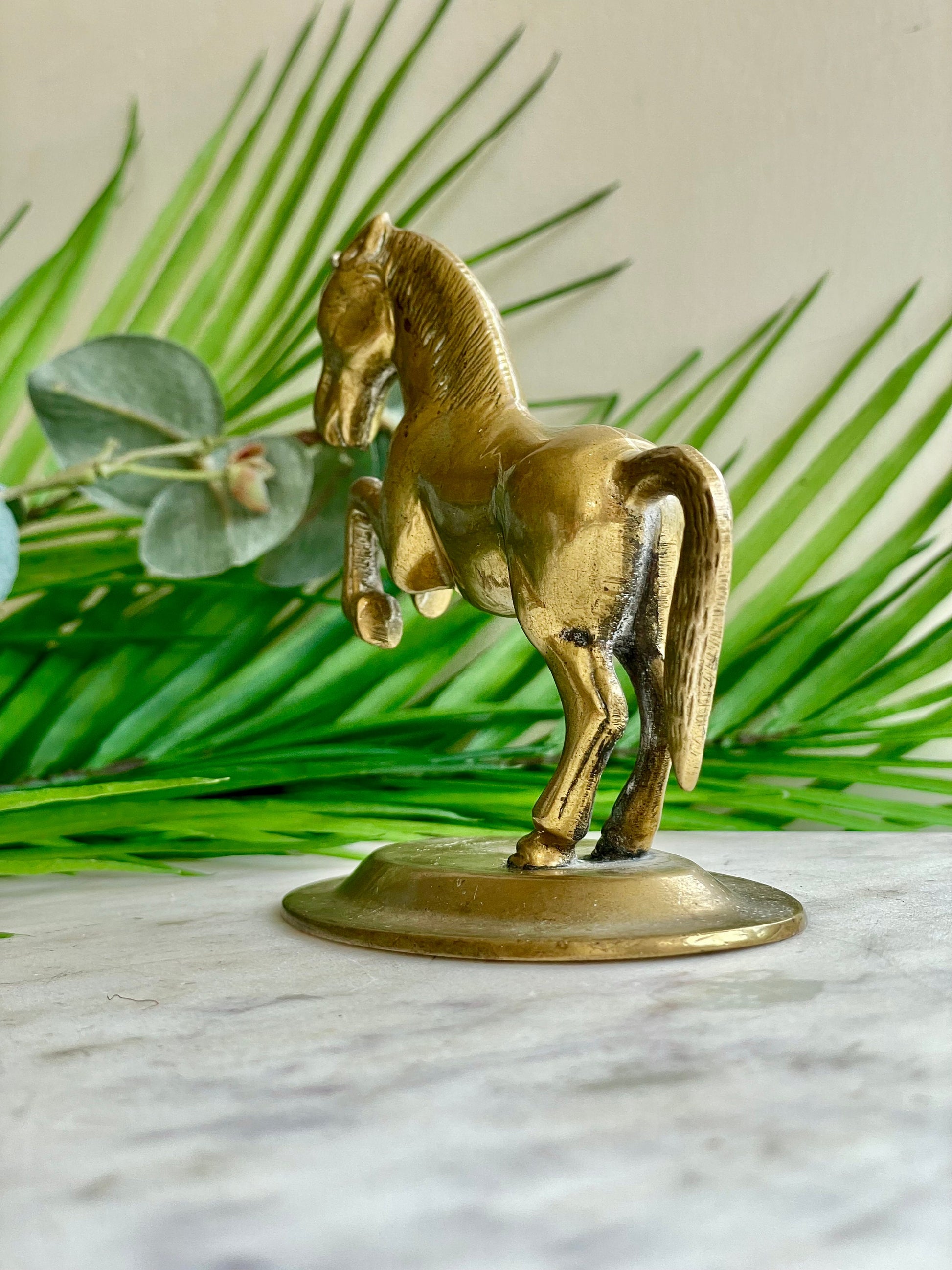 Vintage Solid brass horse statue, Cast metal, Midcentury Equestrian ornament, Golden Stallion Statue