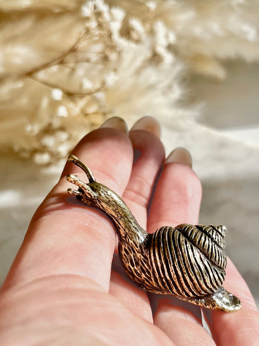 Solid brass Happy Garden Snail Miniature, Metal Snail figurine, lifelike solid brass shelled gastropod ornament