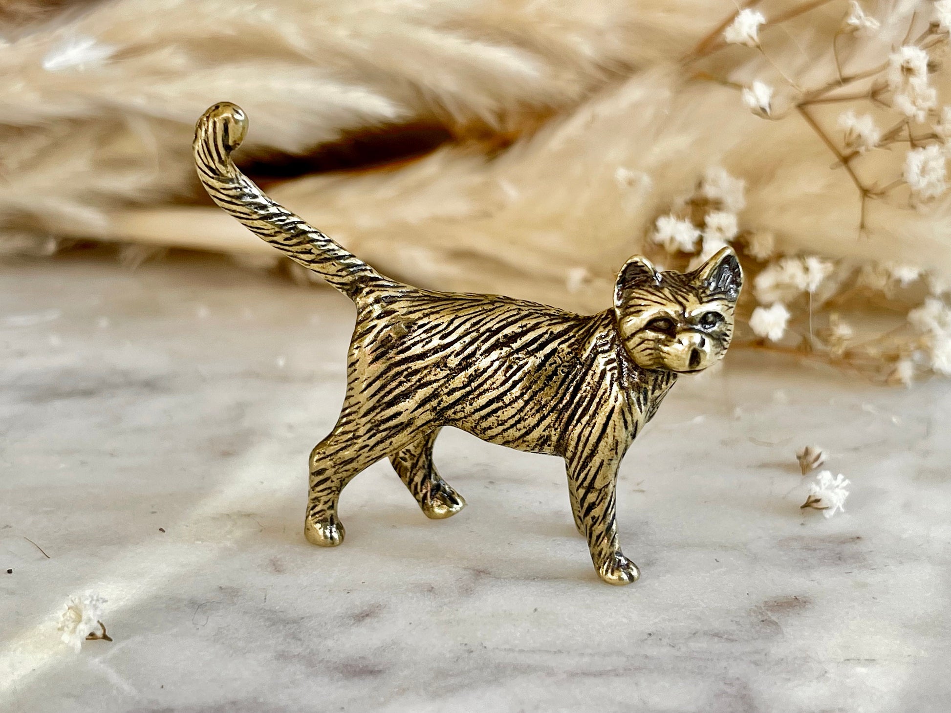 Brass Kitty Keepsake, little cat metal figurine, solid brass cat statue, kitten miniature, cat lover gift