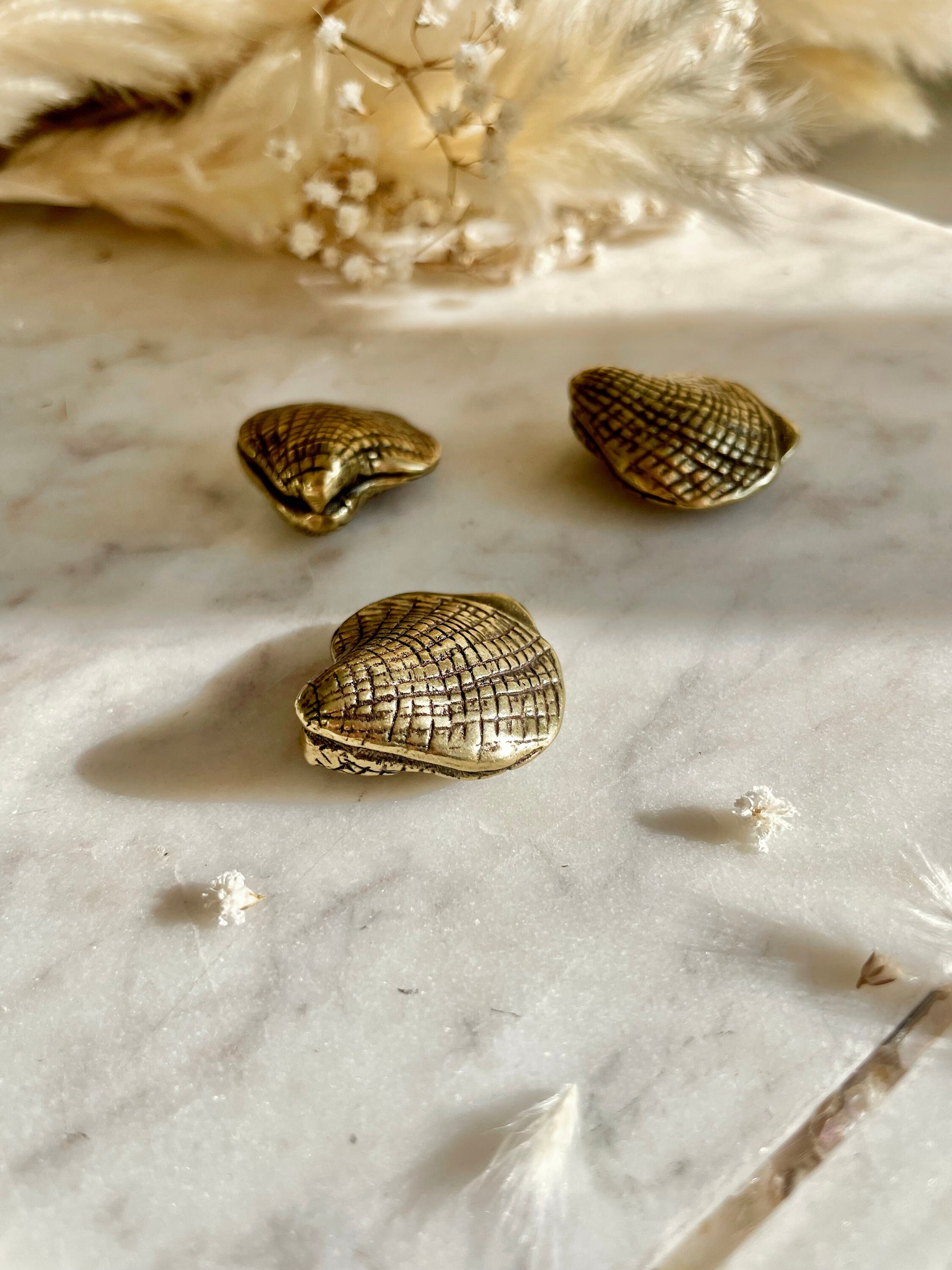 Little seaside souvenir, solid brass seashell figurine, ocean art scallop miniature, sea-themed decoration, a reminder of summer and beach