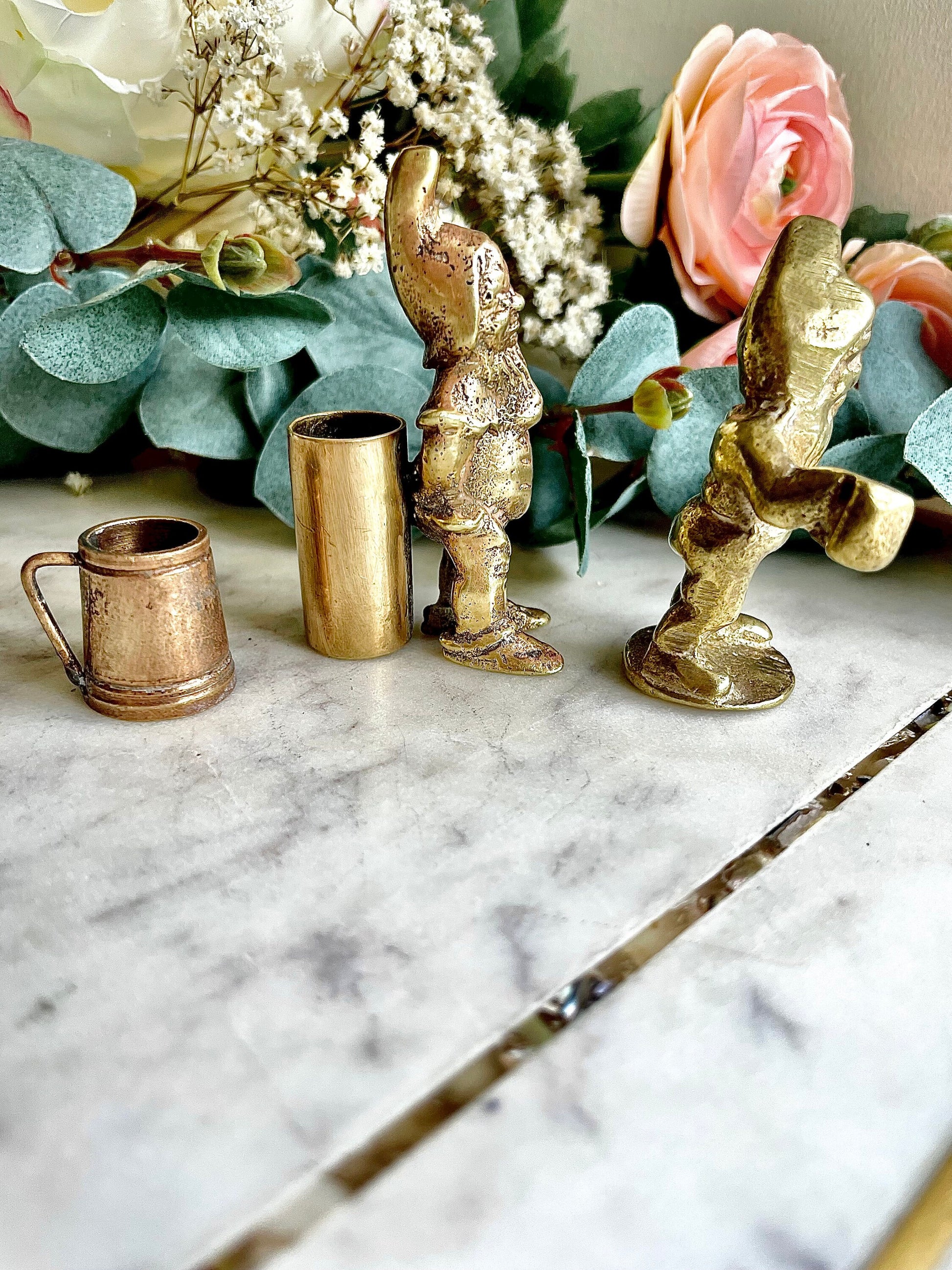 Gnome miniature, Vintage solid brass Dwarf holding tankard and bottle, gnome with a tankard, tankard miniature, little boozers gift