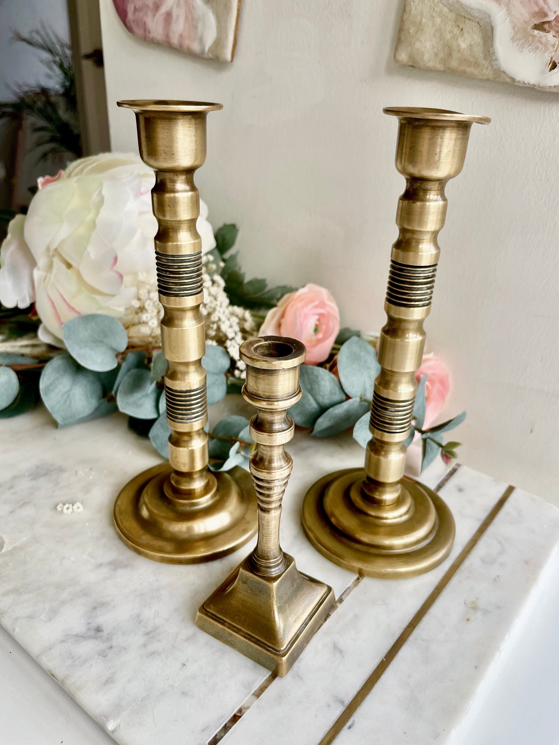 Set of three Vintage Solid brass candle holders Made in England, Antique brass candleholder