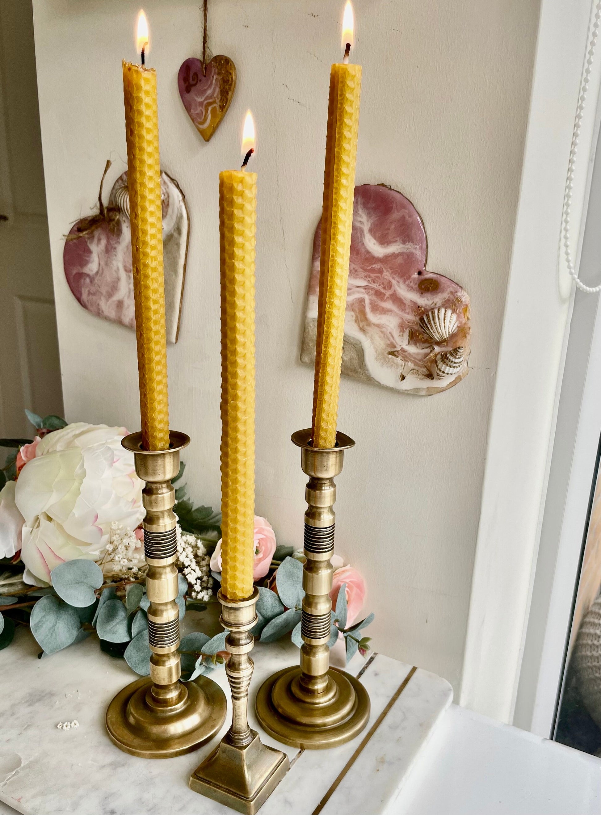 Set of three Vintage Solid brass candle holders Made in England, Antique brass candleholder