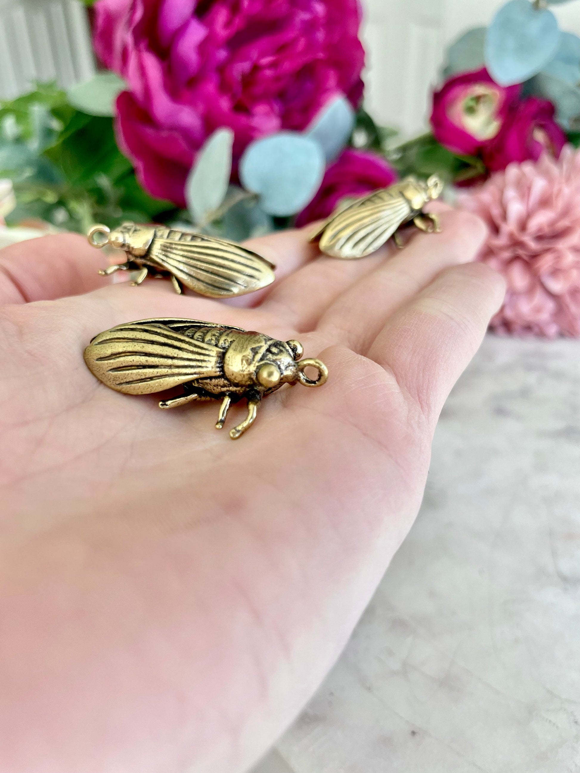 Cicada Pendant Charms, Fly Brass Necklace, realistic insects keyring