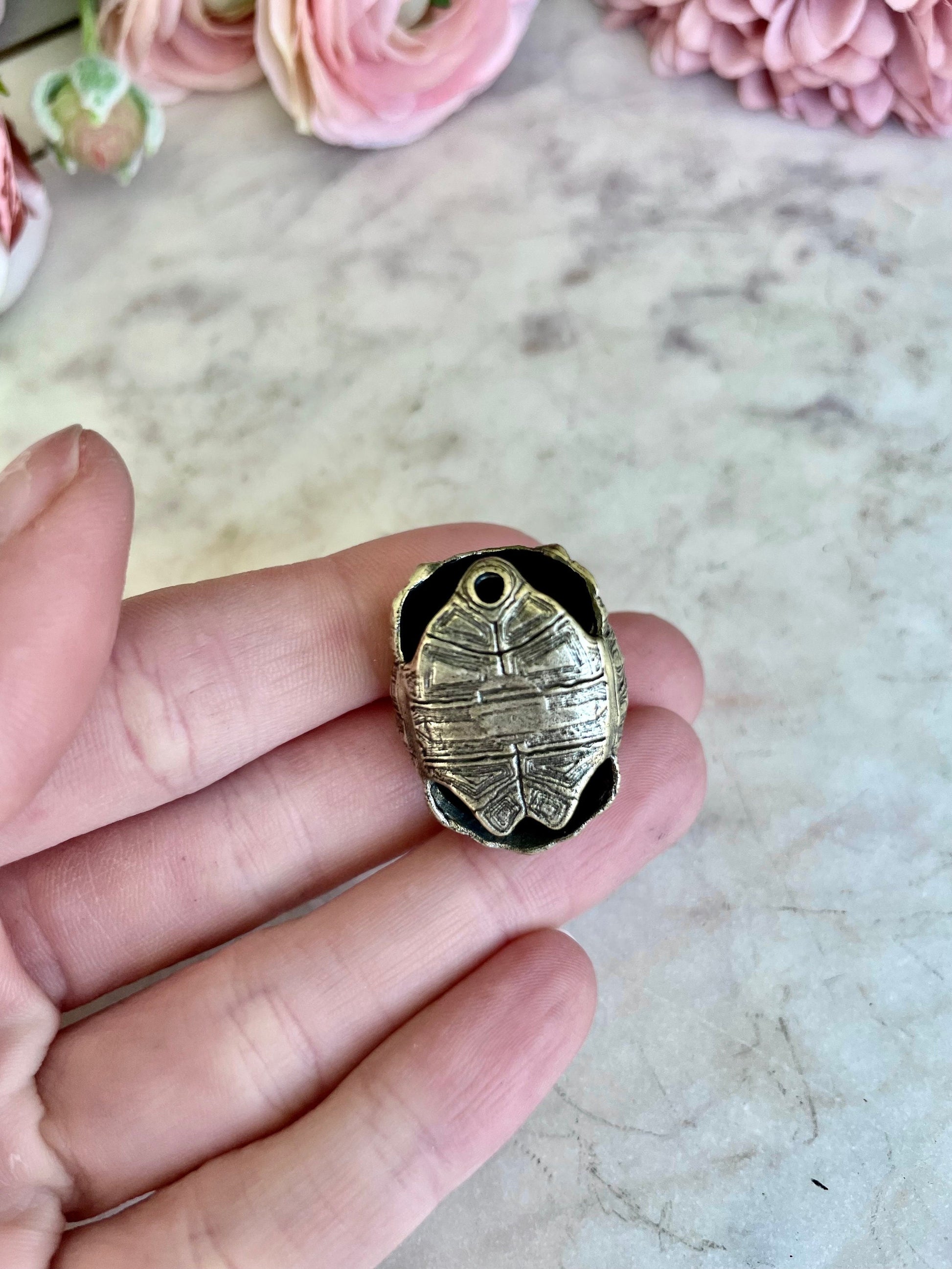 Brass tortoise shell keyring with a bell, solid brass turtle pendant, reptile figurine
