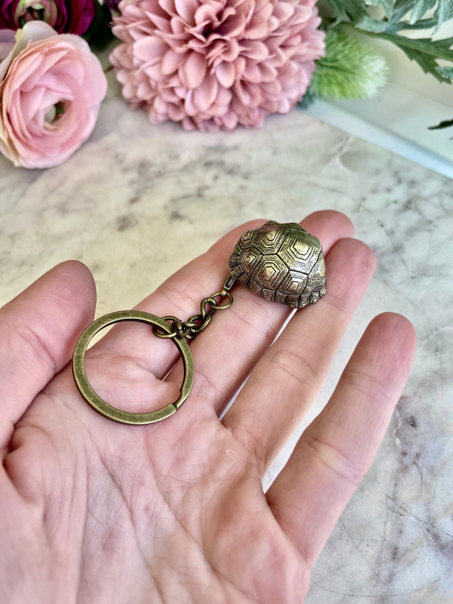 Brass tortoise shell keyring with a bell, solid brass turtle pendant, reptile figurine
