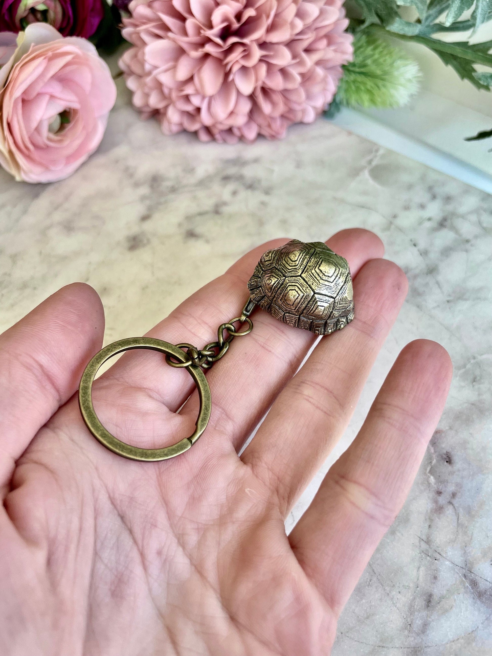 Brass tortoise shell keyring with a bell, solid brass turtle pendant, reptile figurine