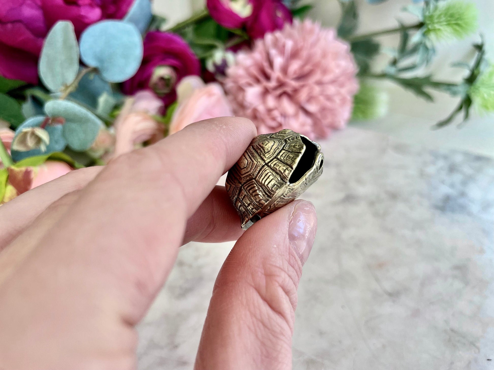 Brass tortoise shell keyring with a bell, solid brass turtle pendant, reptile figurine