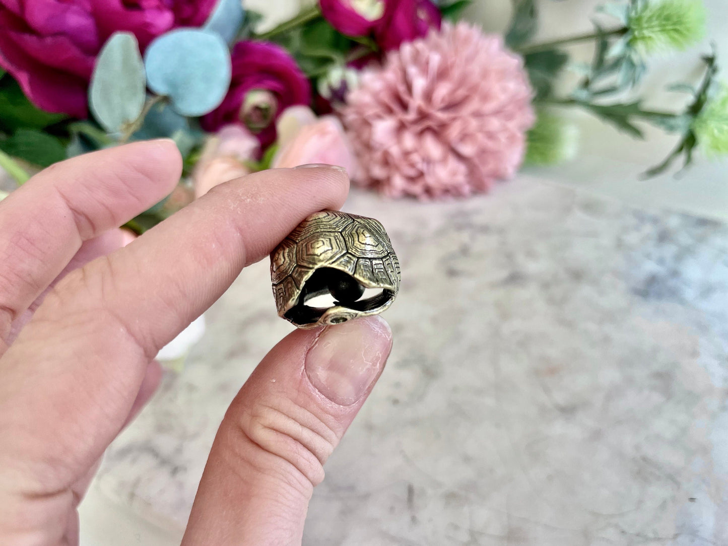 Brass tortoise shell keyring with a bell, solid brass turtle pendant, reptile figurine