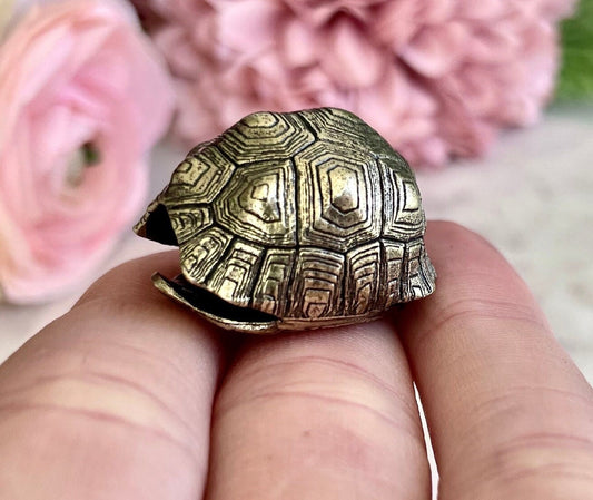Brass tortoise shell keyring with a bell, solid brass turtle pendant, reptile figurine