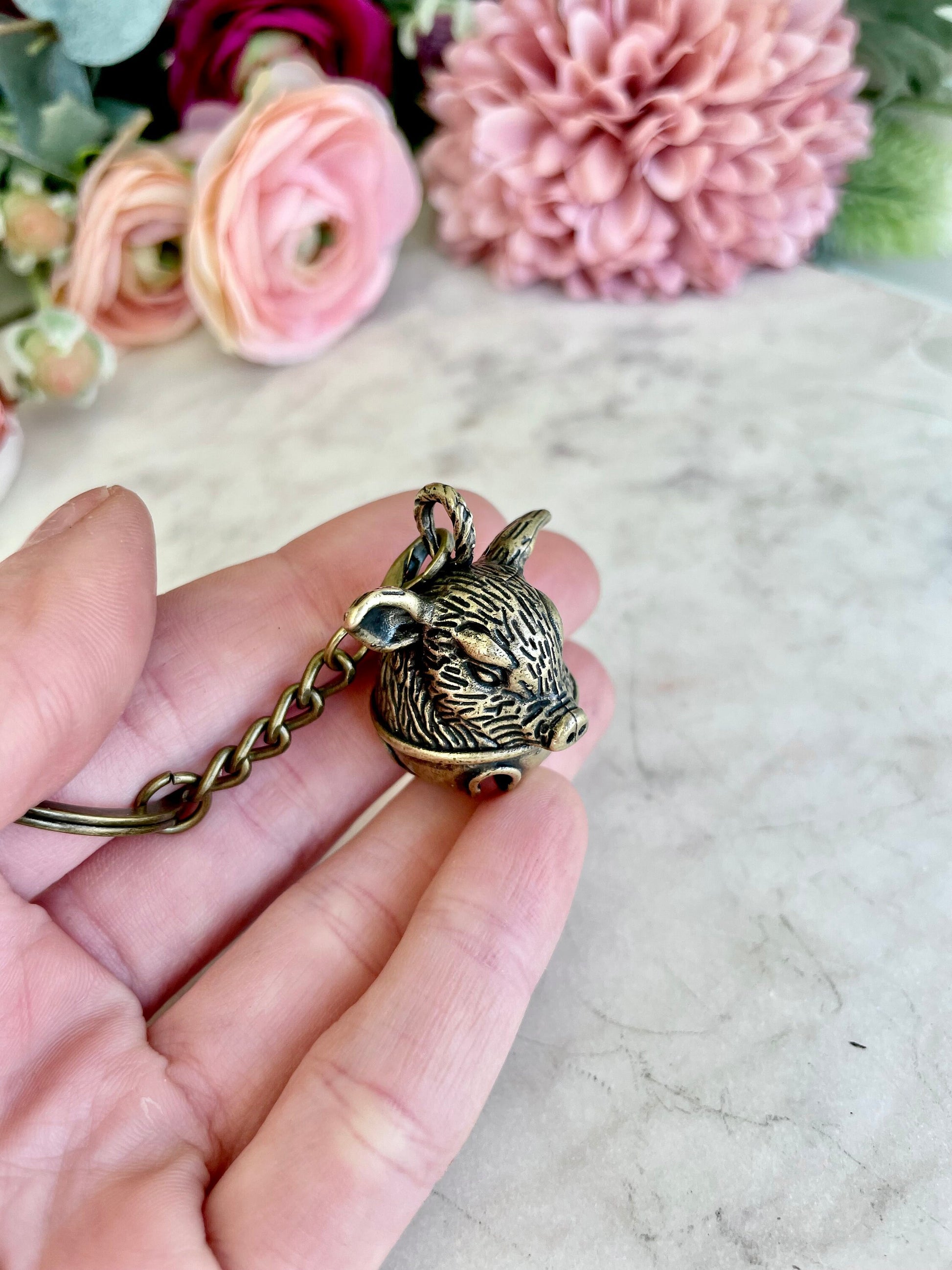 Brass Pig Bell Pendant, Pig Head Ornament, traditional style Brass Pig Collectible