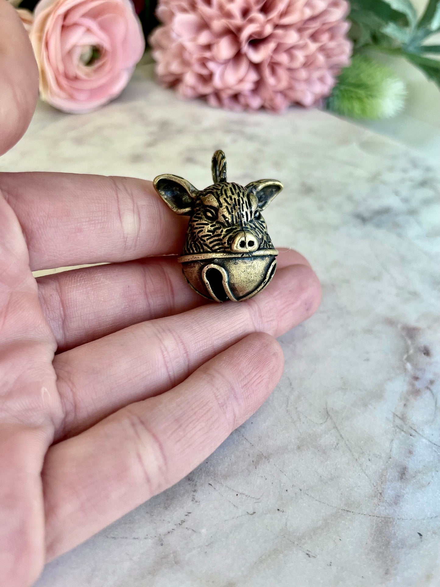Brass Pig Bell Pendant, Pig Head Ornament, traditional style Brass Pig Collectible