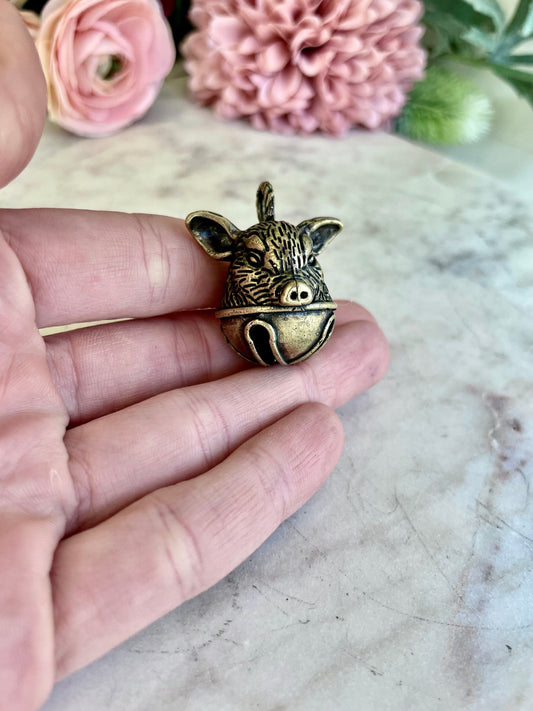 Brass Pig Bell Pendant, Pig Head Ornament, traditional style Brass Pig Collectible