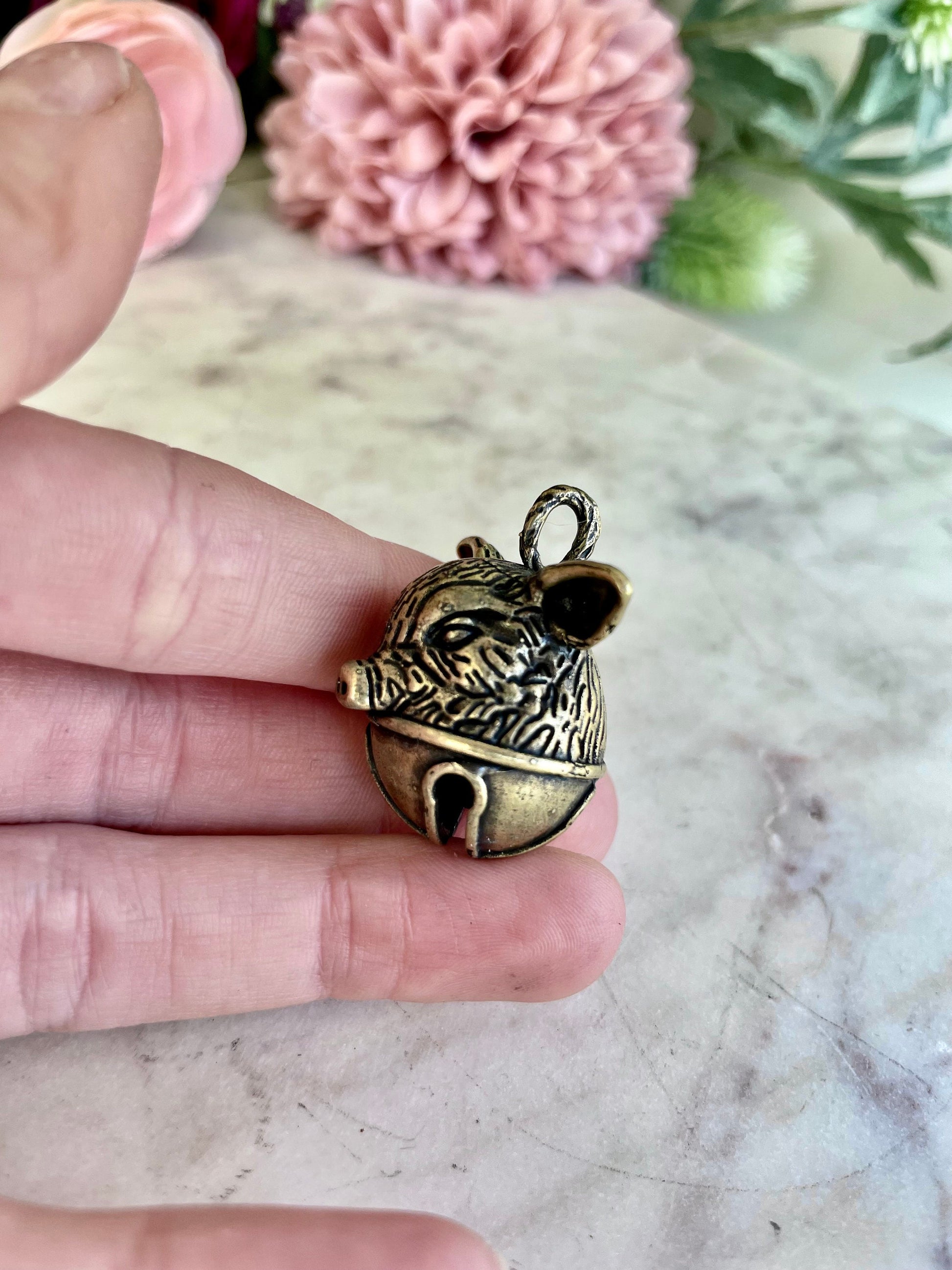 Brass Pig Bell Pendant, Pig Head Ornament, traditional style Brass Pig Collectible