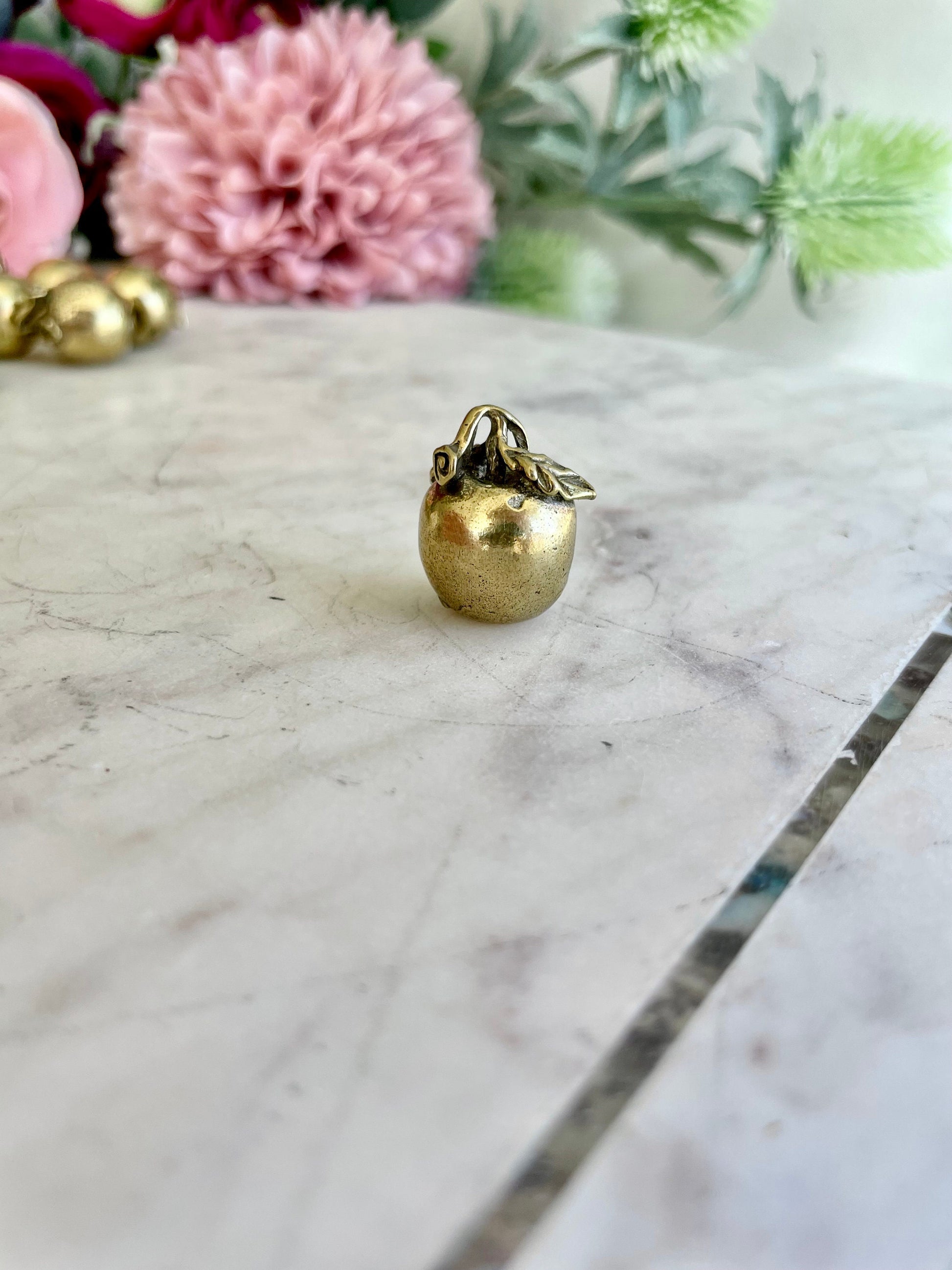 Cute Forbidden Fruit Apple Keyring, Solid brass small apple miniature, metal fruit pendant