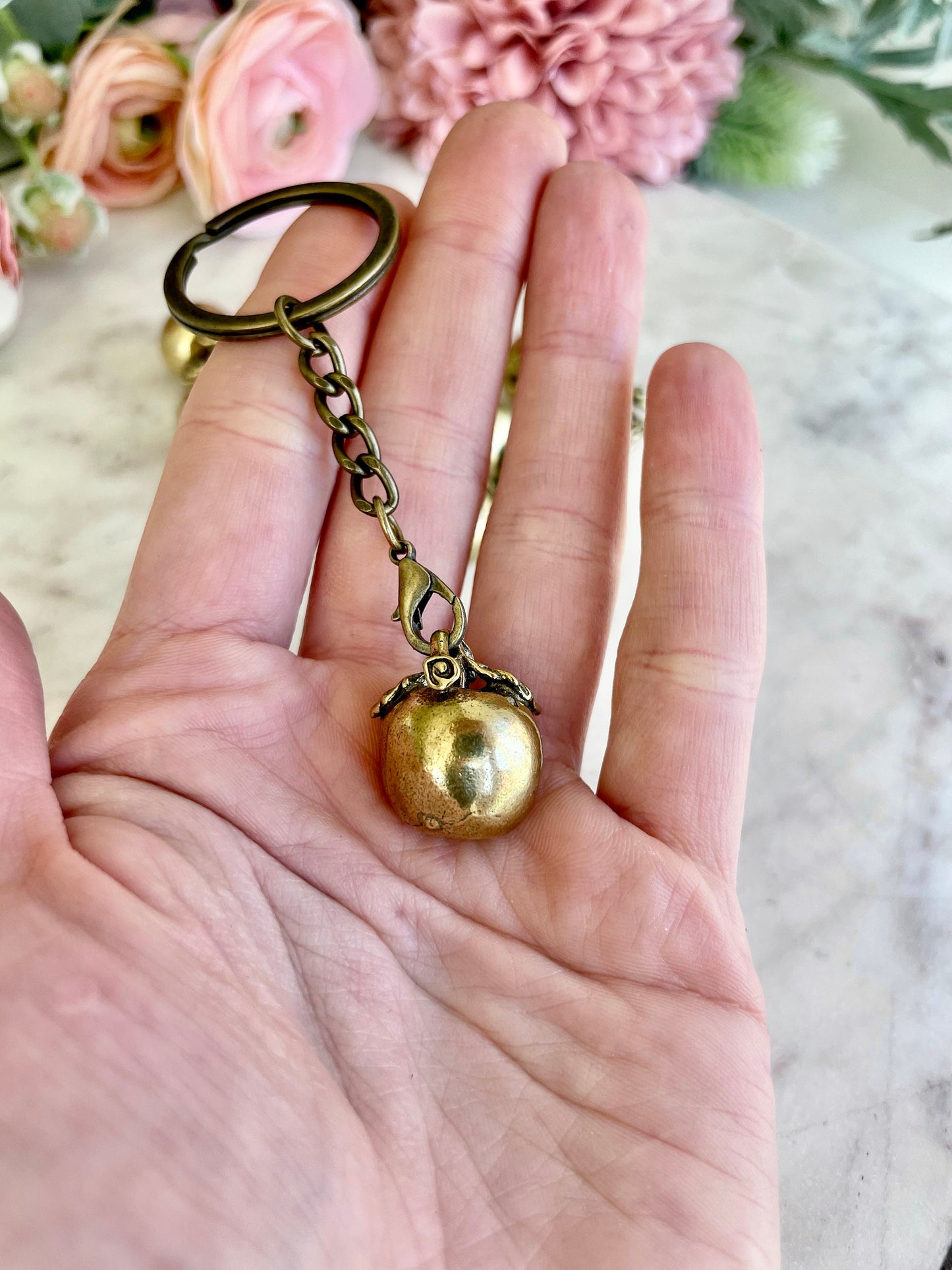 Cute Forbidden Fruit Apple Keyring, Solid brass small apple miniature, metal fruit pendant