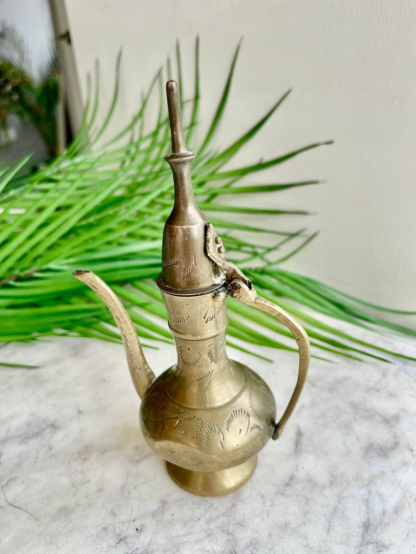 Retro Etch Pitcher, Middle of century Vintage small brass aftaba ewer or pitcher with etching