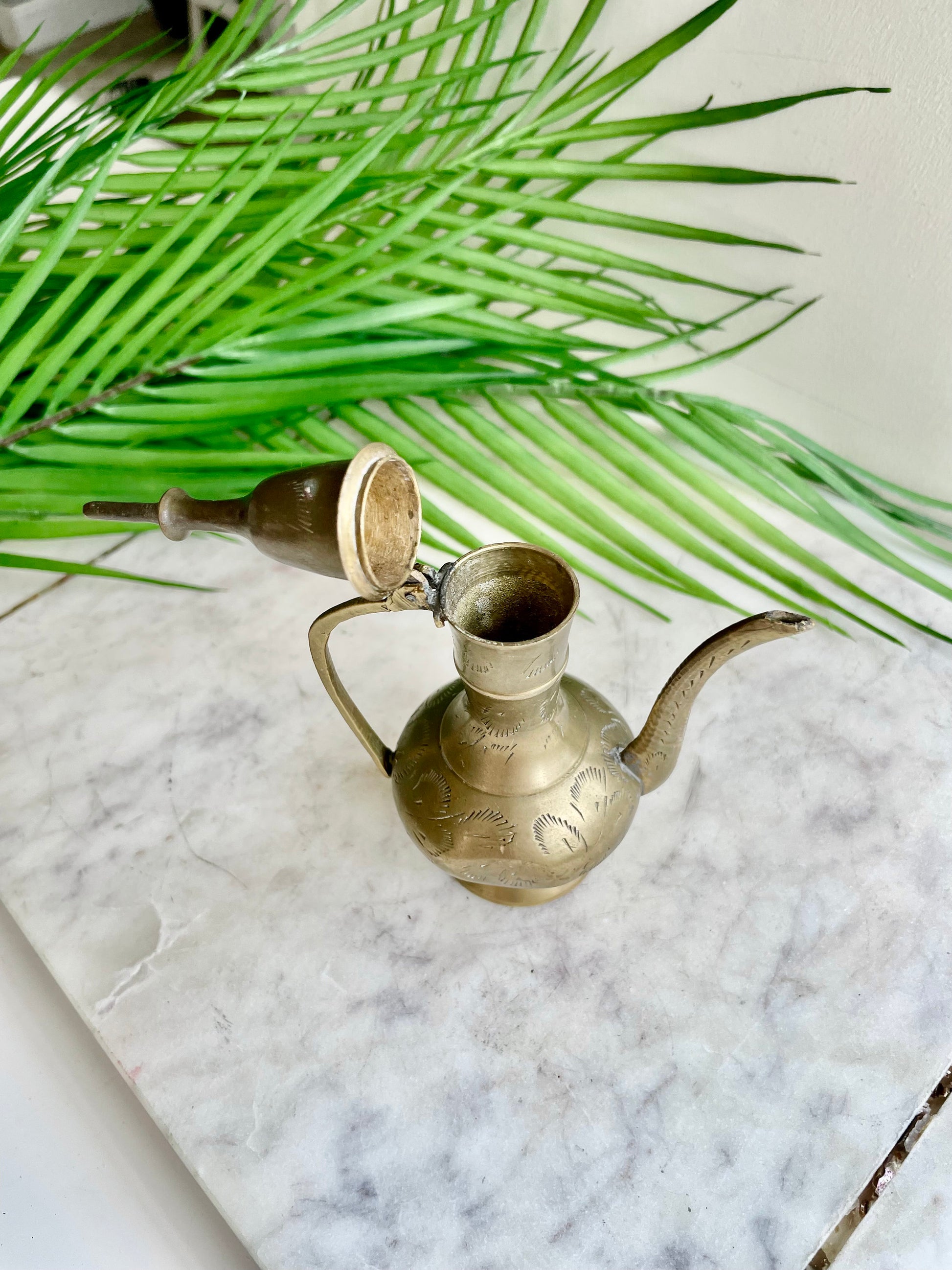 Retro Etch Pitcher, Middle of century Vintage small brass aftaba ewer or pitcher with etching