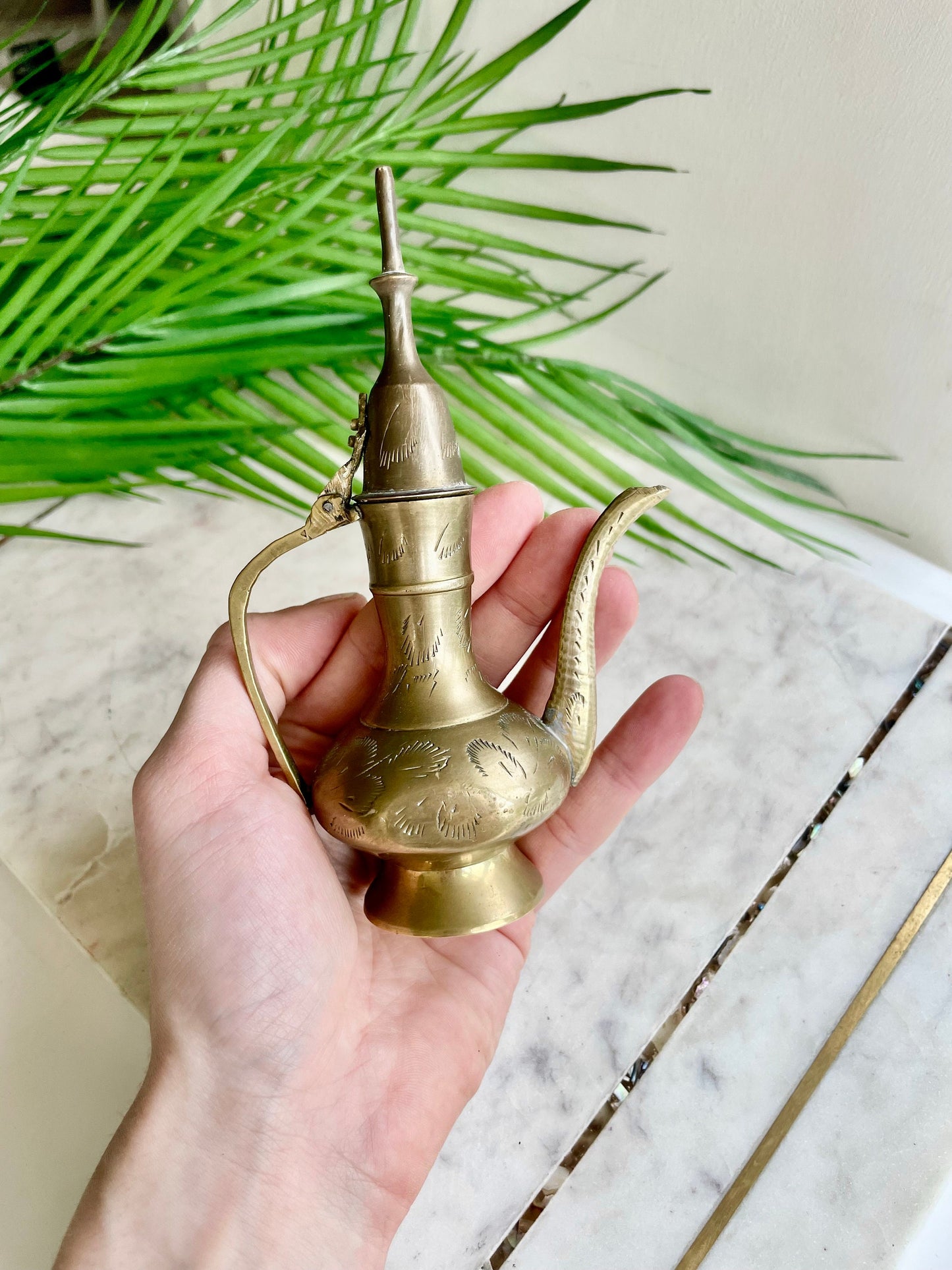 Retro Etch Pitcher, Middle of century Vintage small brass aftaba ewer or pitcher with etching